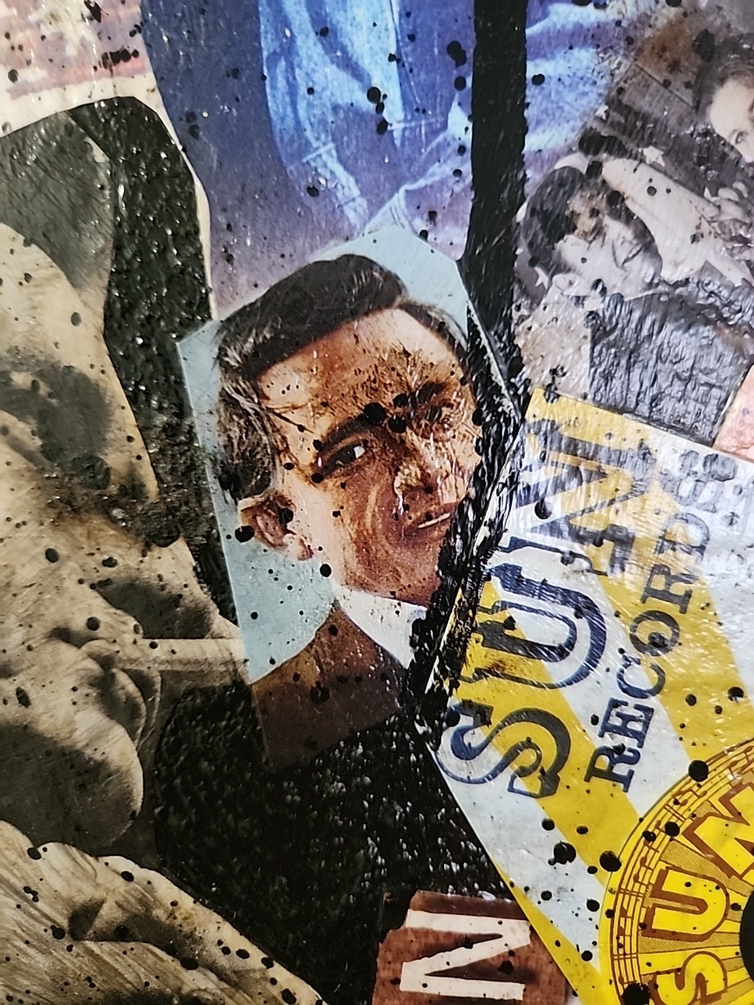 Large Johnny Cash Acrylic Paintin Collage Art. Heavily Textured & Burned! 16X20