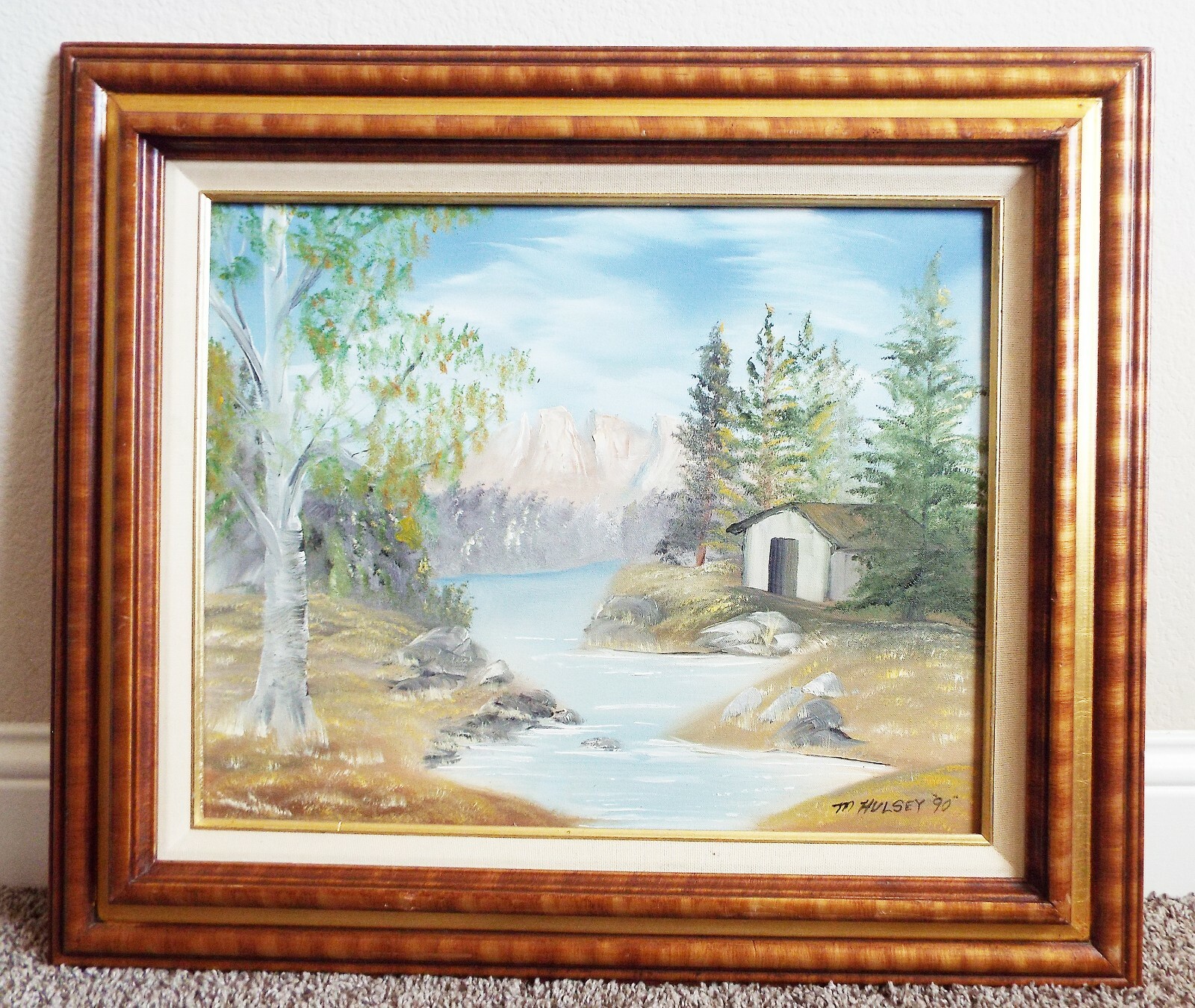 VTG M HULSEY CABIN ORIGINAL OIL LANDSCAPE PAINTING ON CANVAS LINEN MAT FRAMED