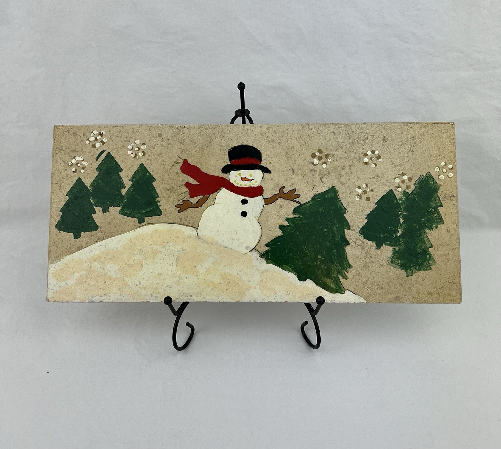Hand Painted Snowman Snow Scene Ceramic Tile Art With Metal Stand 5.5”x12”