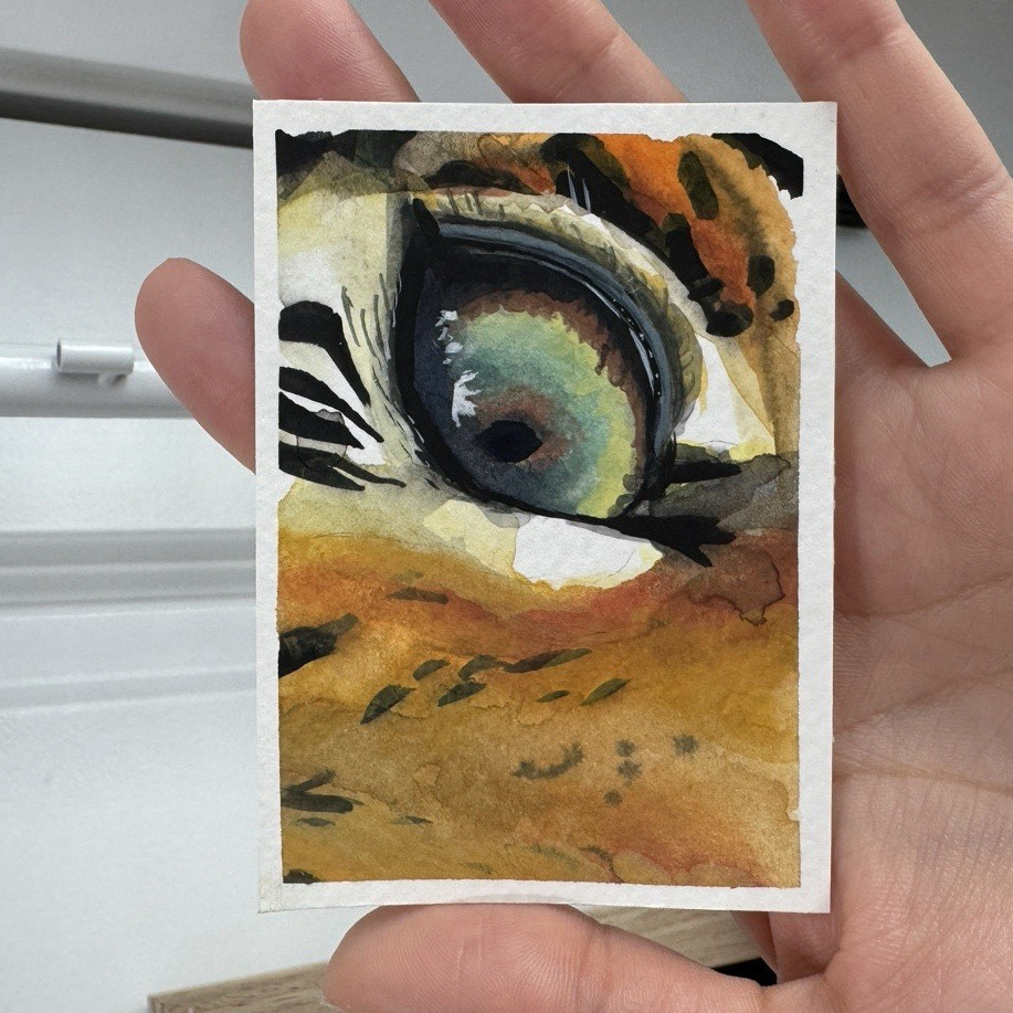 ACEO By: Inés Helena «Eye of the Tiger» Gouache Original OOAK Signed Small Unfra