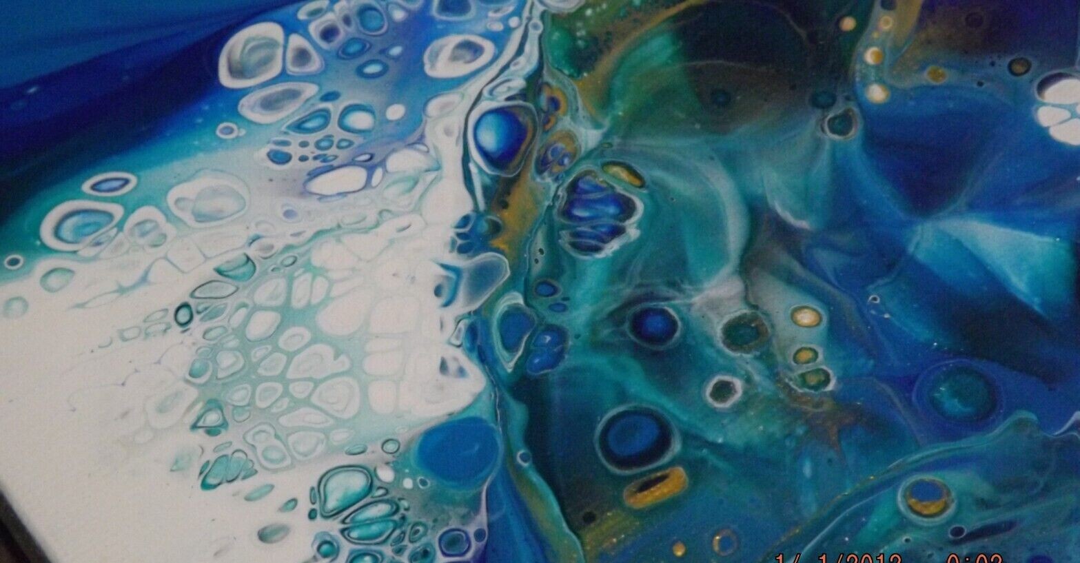 16″ 20″ inch Blue/Green fluid art/ canvas smash w/Gold,green,lake blue,white