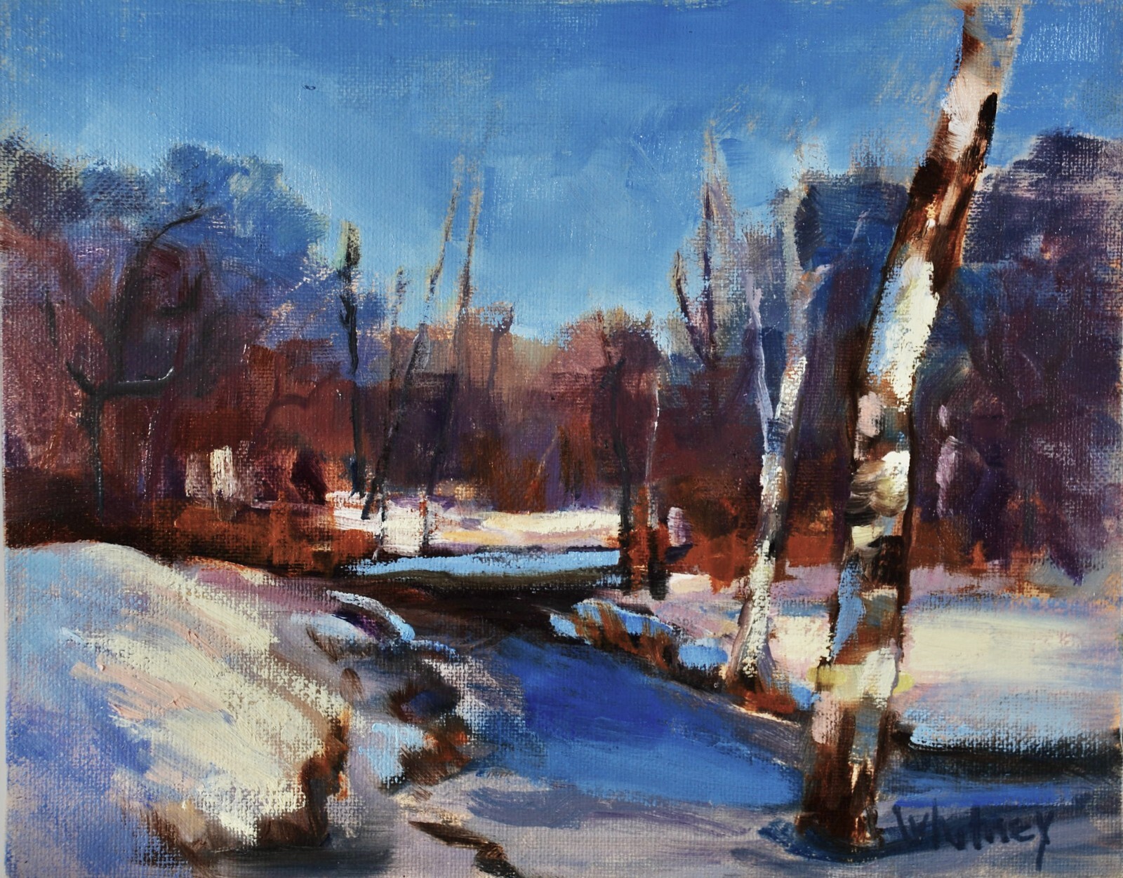 River Landscape Snow Painting Midwest Trees 8 x 10 Original Oil Canvas Whitney