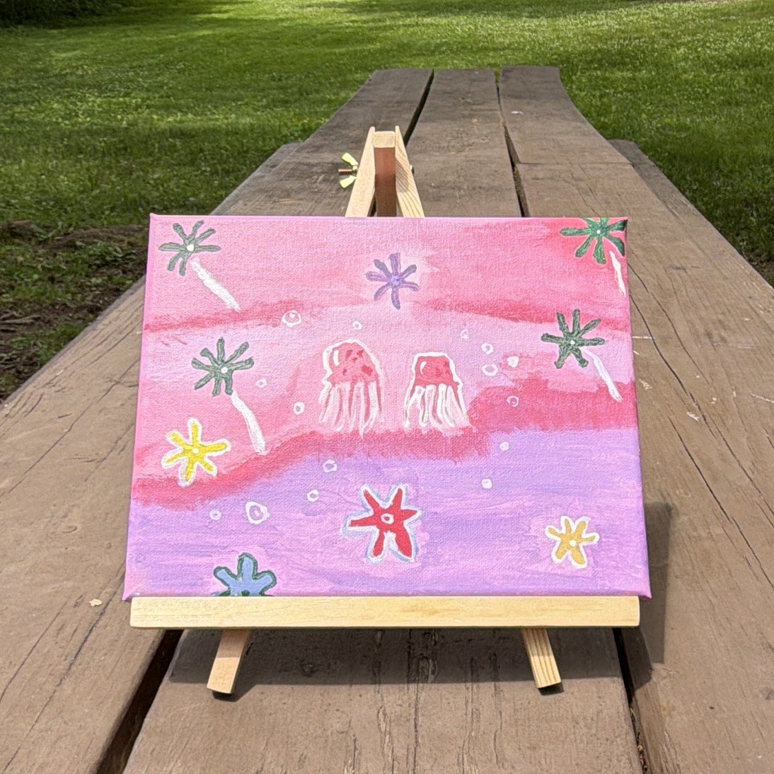 Hand-Painted Pink Purple Jellyfish Canvas Painting Naïve Art Small Easel