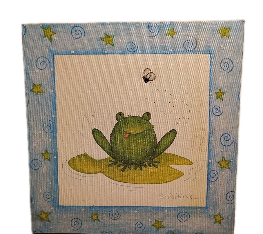 Sandy Russell Frog Lily Pad Painted Canvas Print Kids Wall Decor 9 x 9″ (Read)