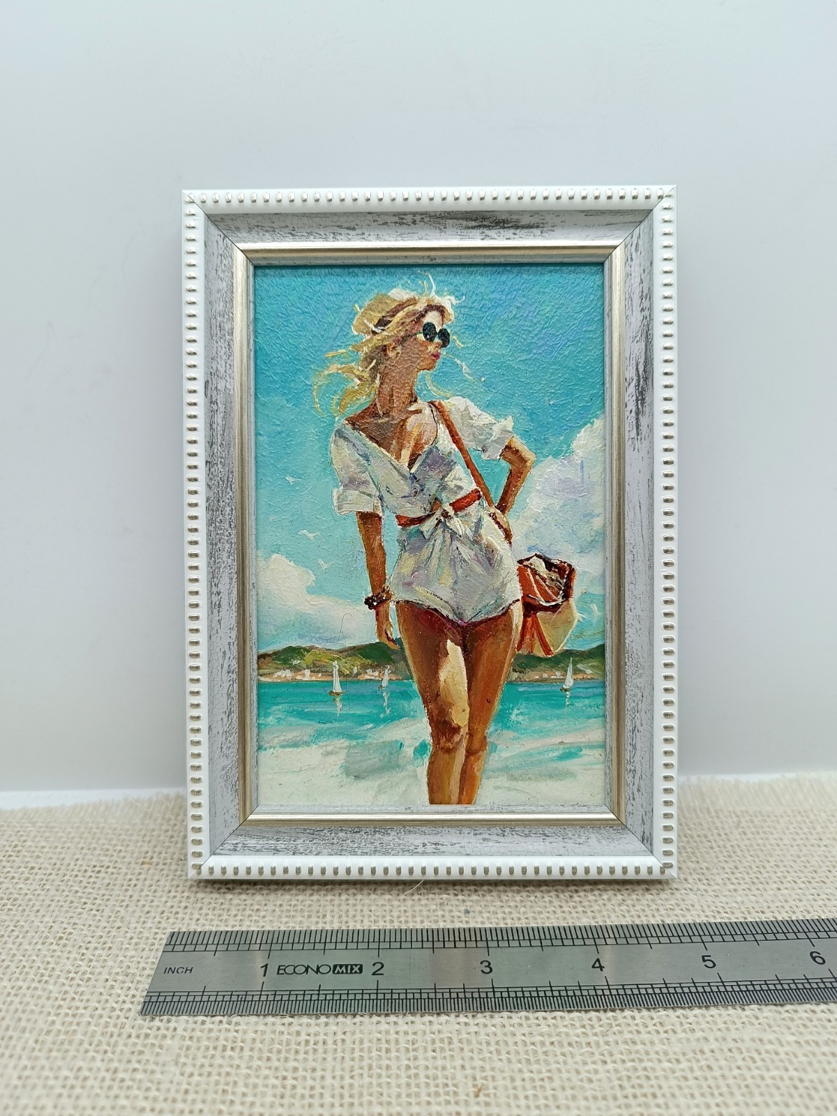 Beach Girl Original Oil Painting 4×6 Framed Signed Woman Sea Beachfront Art