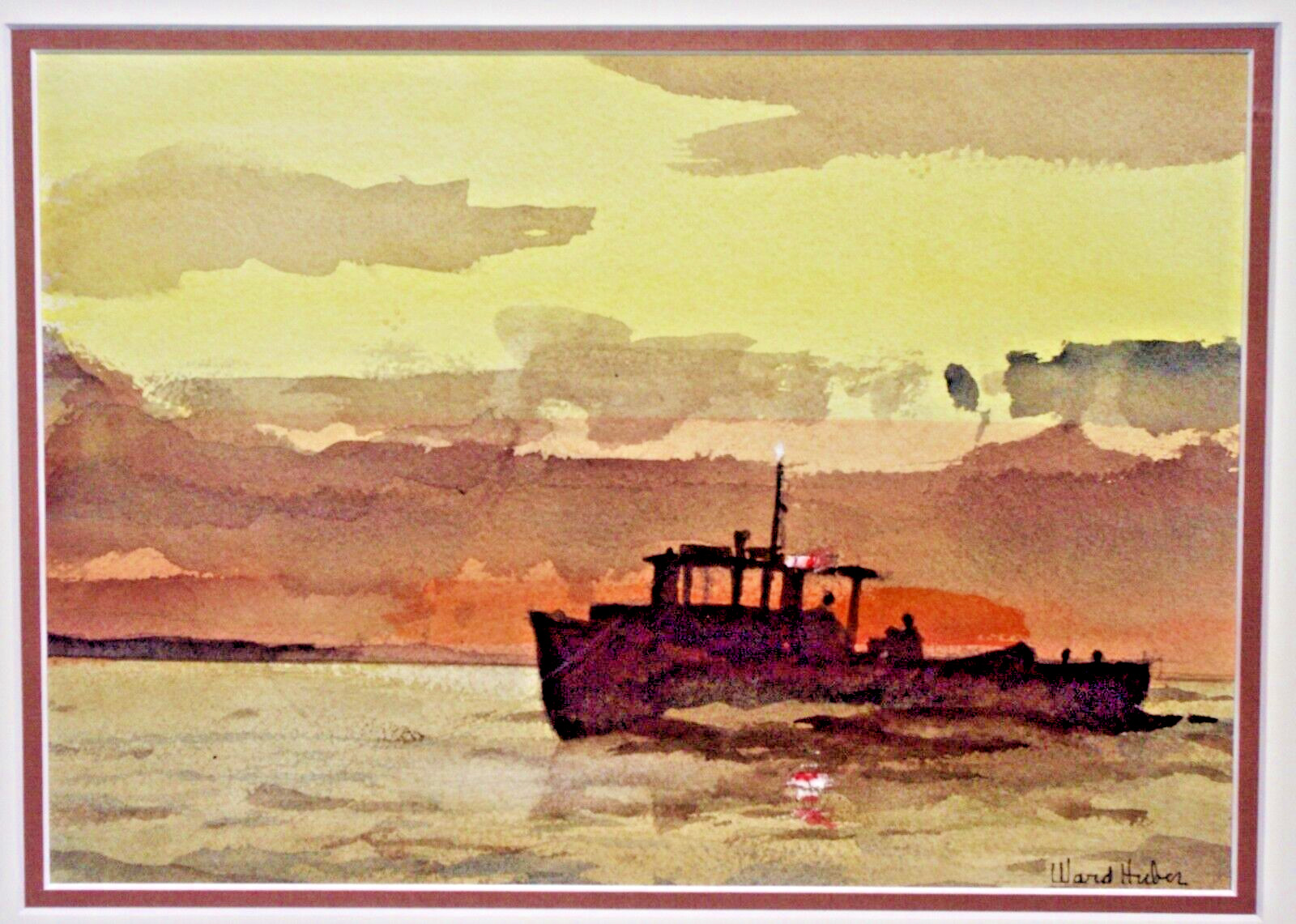original watercolor framed signed Ward Huber maritime fishermen sunset beautiful