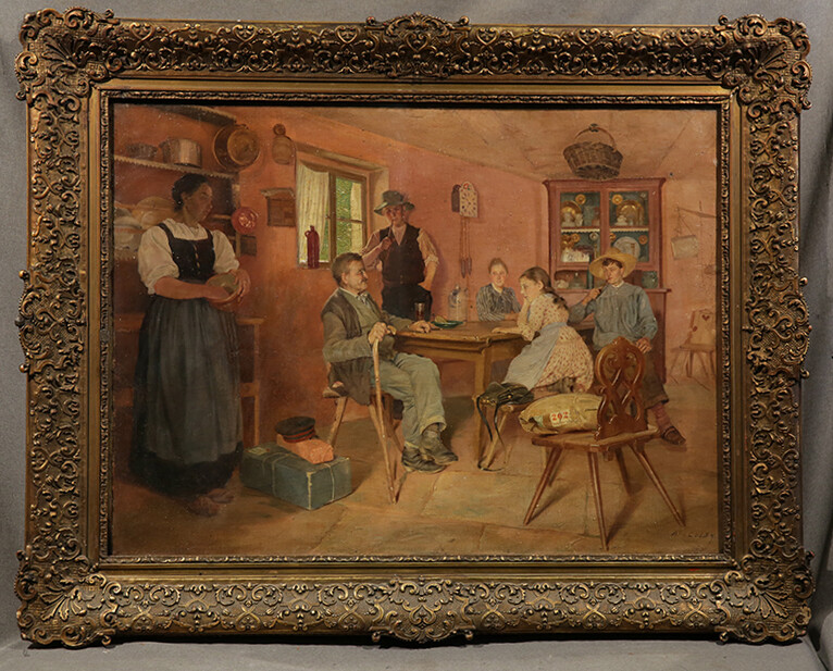 American Western Genre Family Dinning Interior Painting with Gold Frame