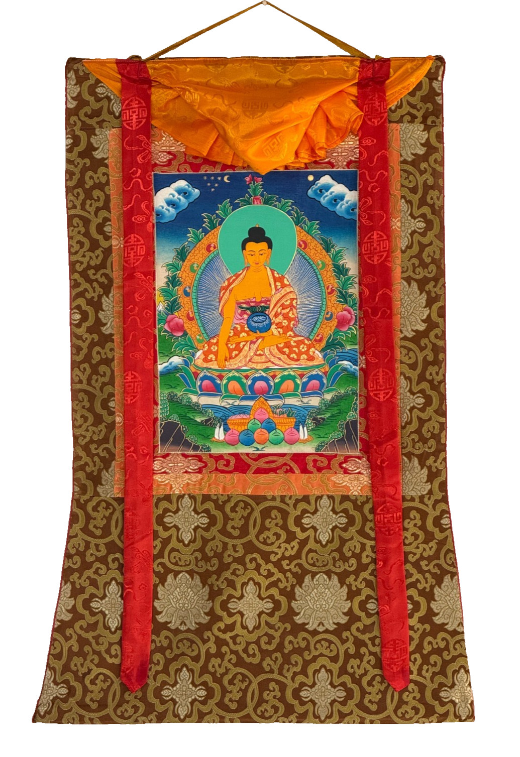 SHAKYAMUNI BUDDHA HAND PAINTED TIBETAN THANGKA ART WITH SILK BROCADE