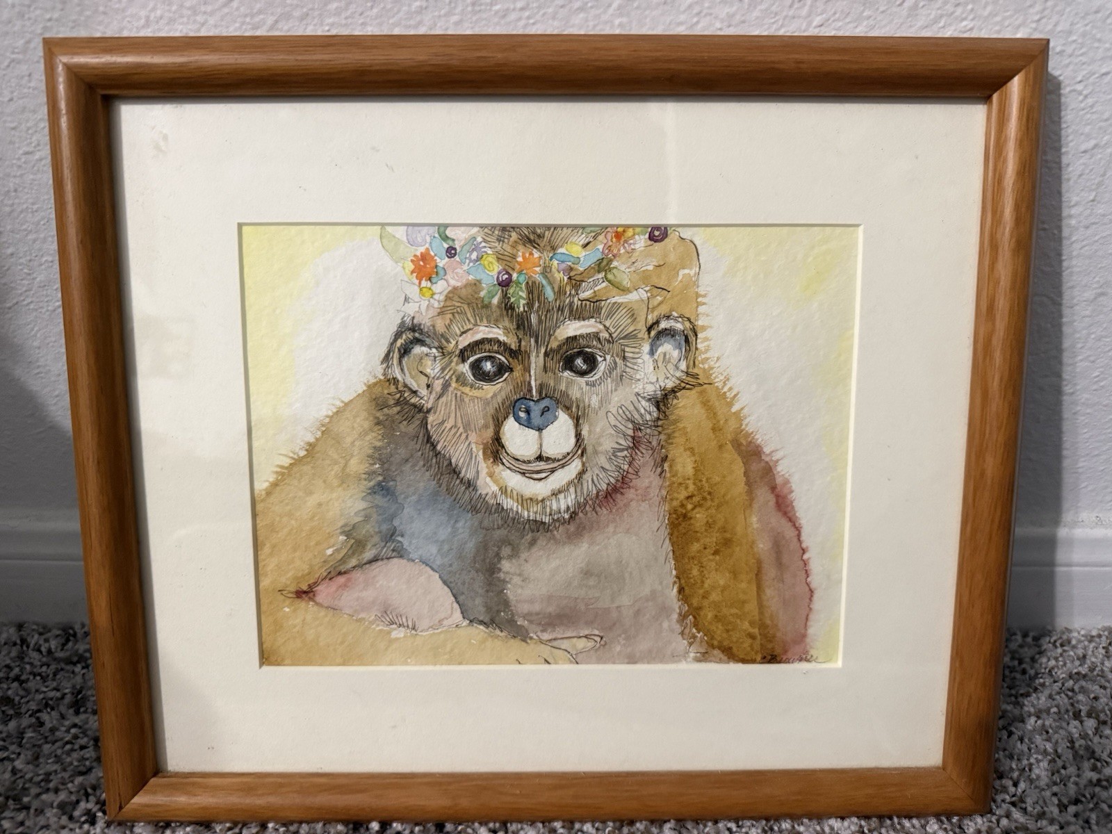 Original Watercolor Painting Monkey Flower Crown Signed C. Brunier Framed Art