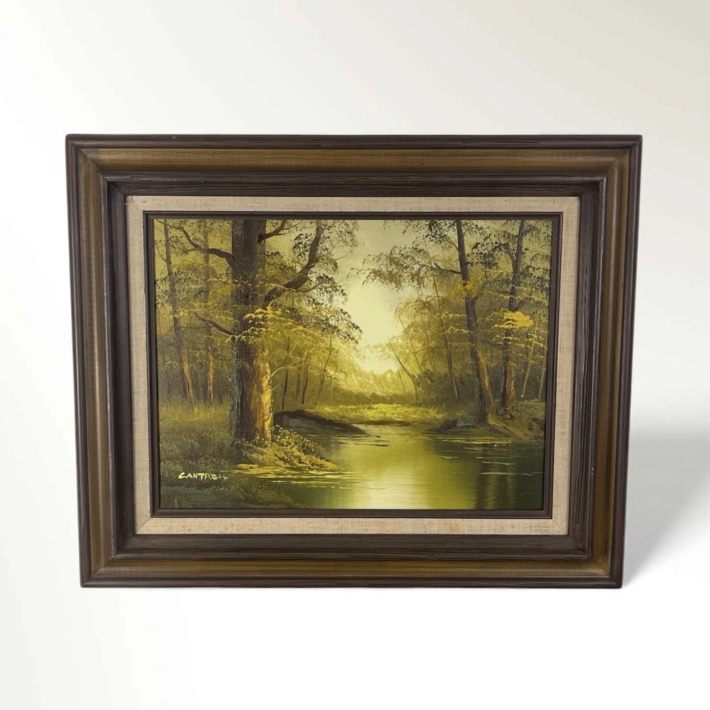 Phillip Cantrell SIGNED Landscape Trees Stream OIL Painting Framed 18×22 Vintage