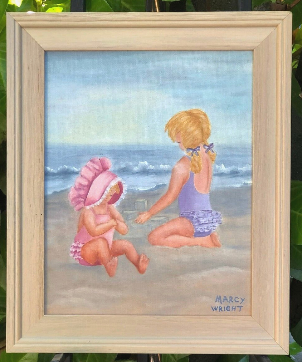 Young Girls Playing on The Beach, Original Oil Painting by Marcy Wright,, FRAMED
