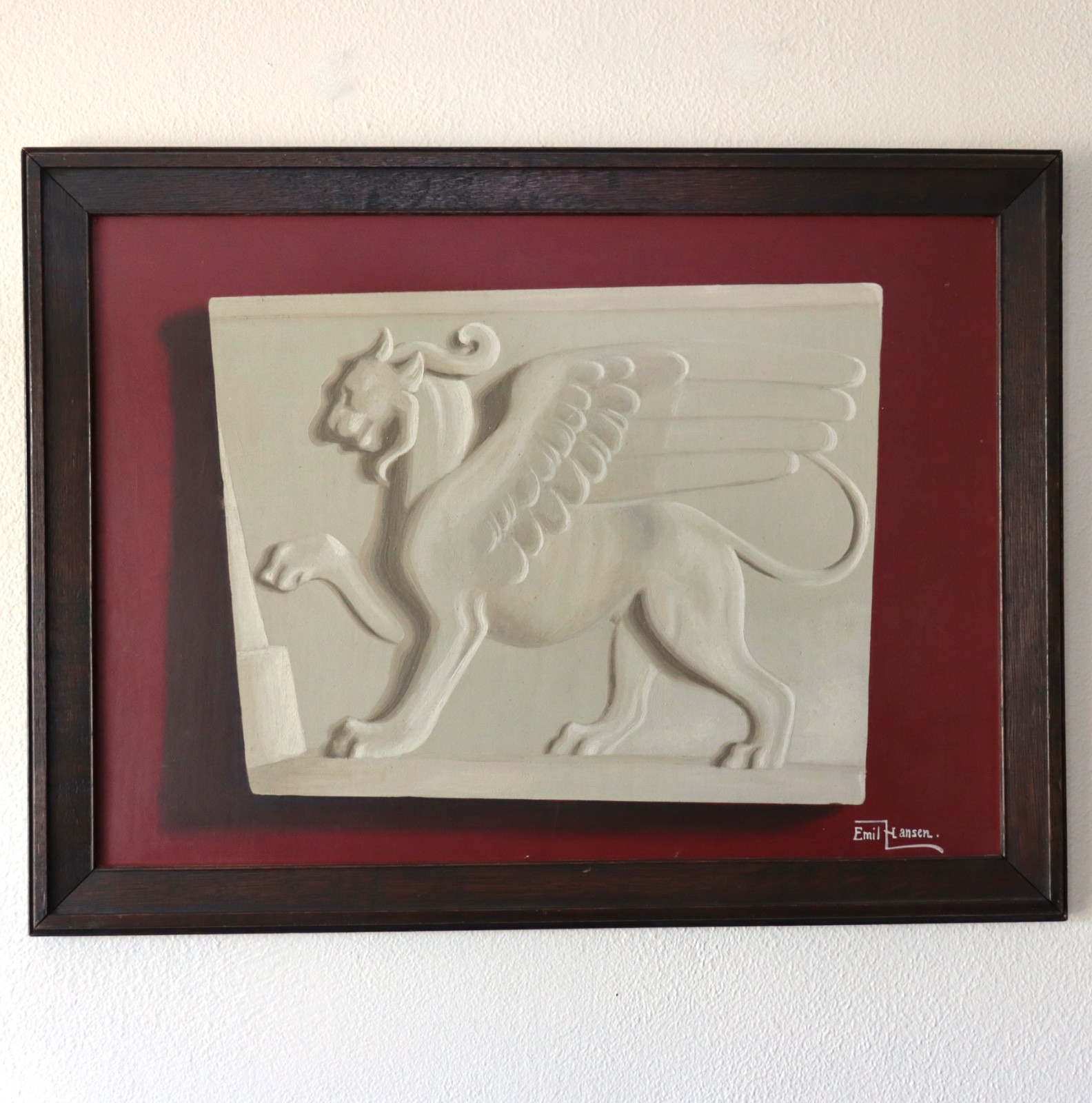 1920s Emil Hansen Trompe l’Oeil Painting Carved Stone Lion Classical Antique Vtg