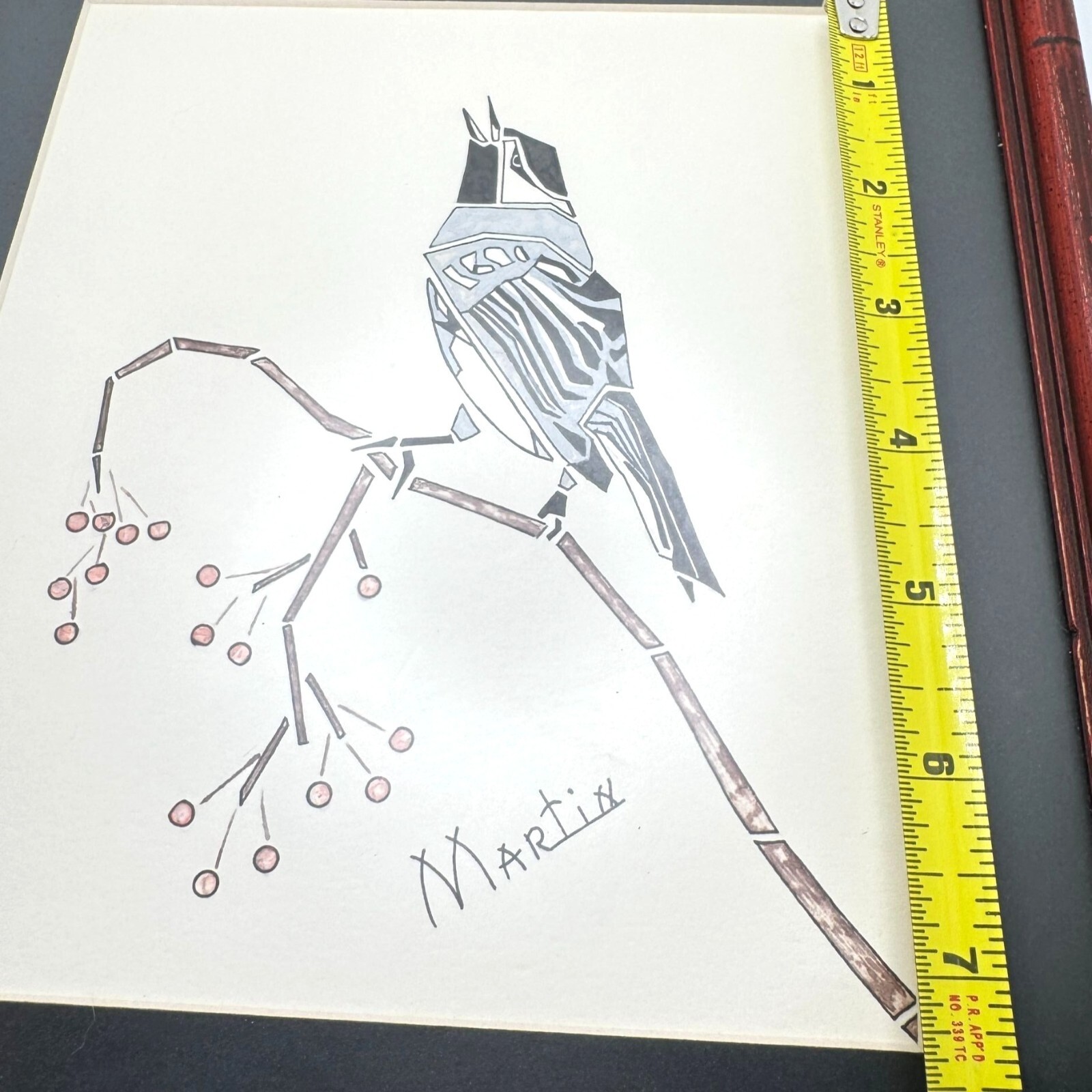 Framed Bird Illustration Signed By Artist Martin Red Bamboo-Style Frame 7.25″