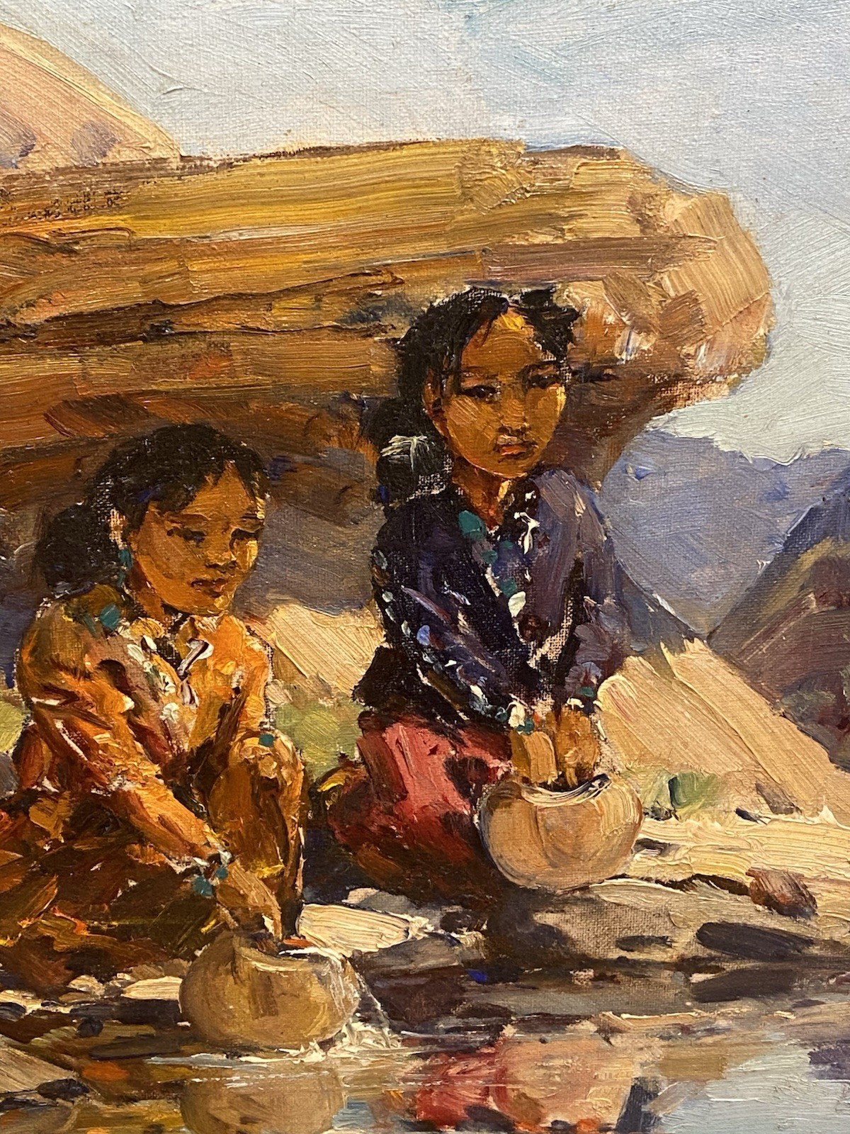 Marjorie Reed(1915-1996) “Navajo Sisters At The Waterhole” Oil on Board Painting