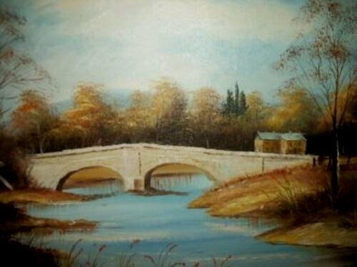 Hollywood Regency French Impressionist Oil Painting Landscape Chateau Bridge