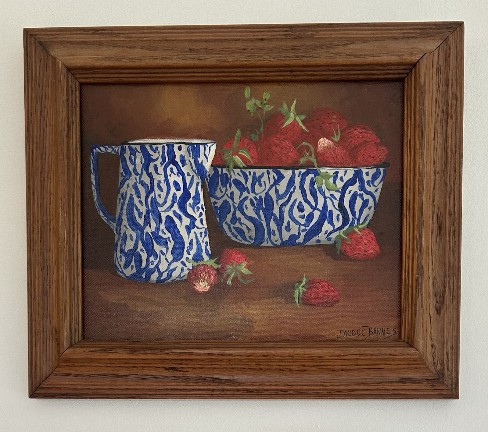 Vintage Still Life Painting Strawberries Sponge ware Enamelware Oil Canvas
