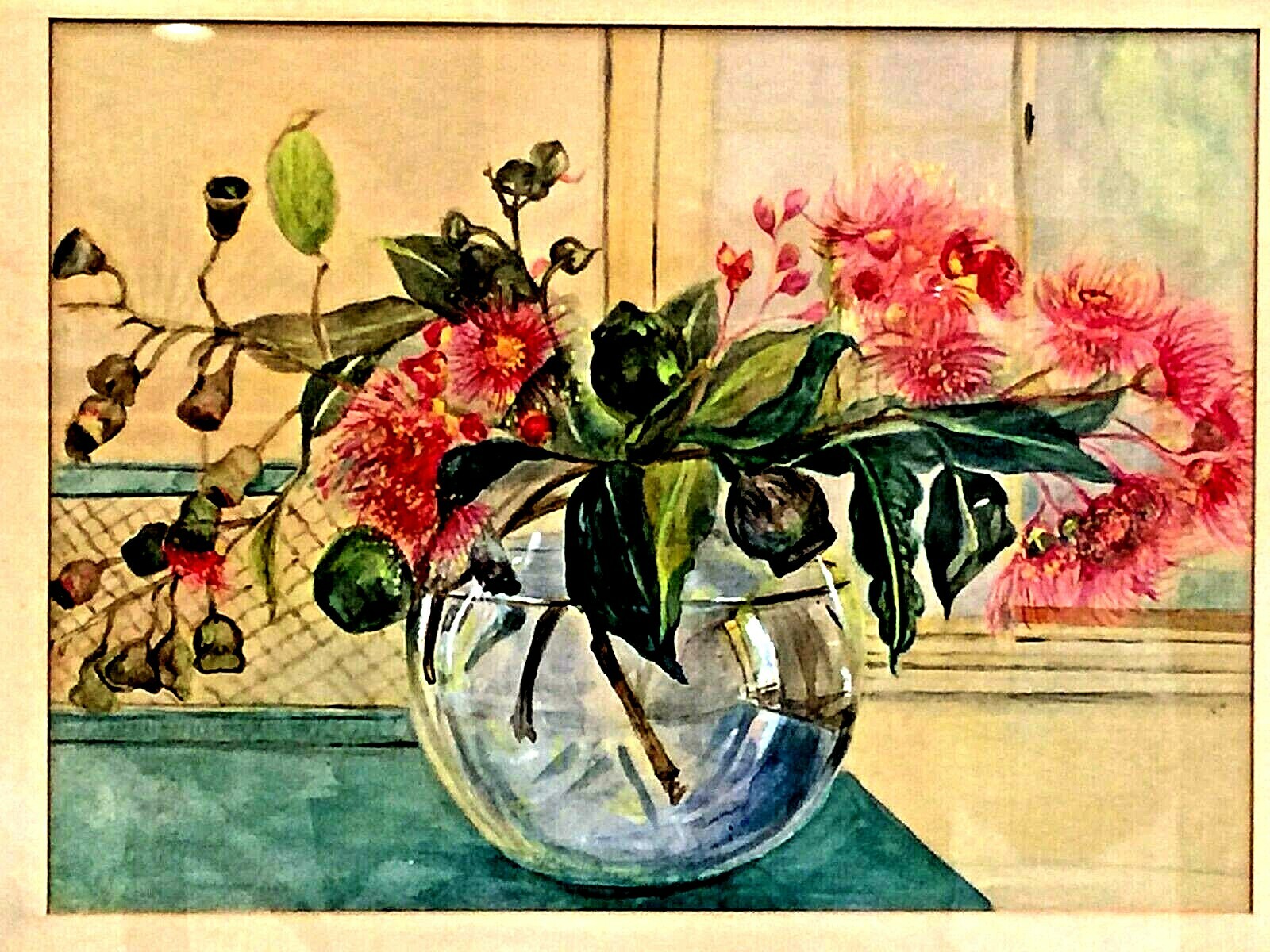ANTIQUE WATERCOLOR ON PAPER STILL LIFE PAINTING FLOWERS ON CRYSTAL VASE
