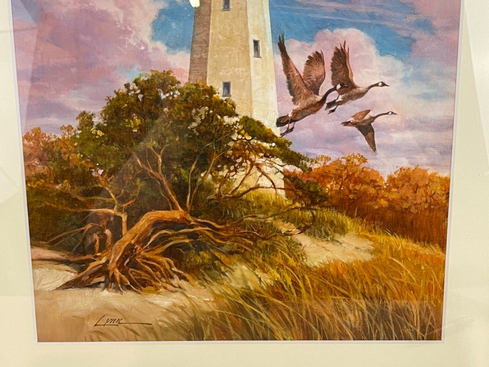 Vintage Sandy Hook New Jersey Lighthouse Framed Painting Signed Lynn