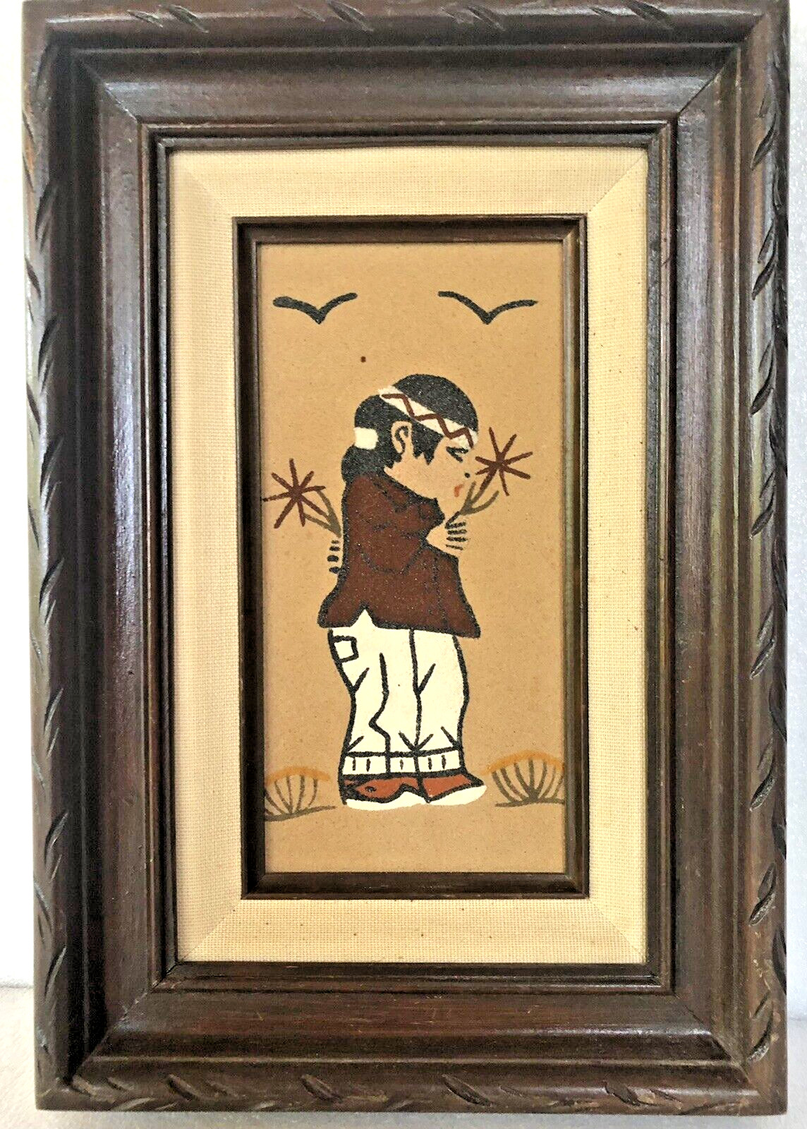 Vtg Navajo Boy Sand Painting Carved Wood Frame 13″ x 9″ Artist Signed