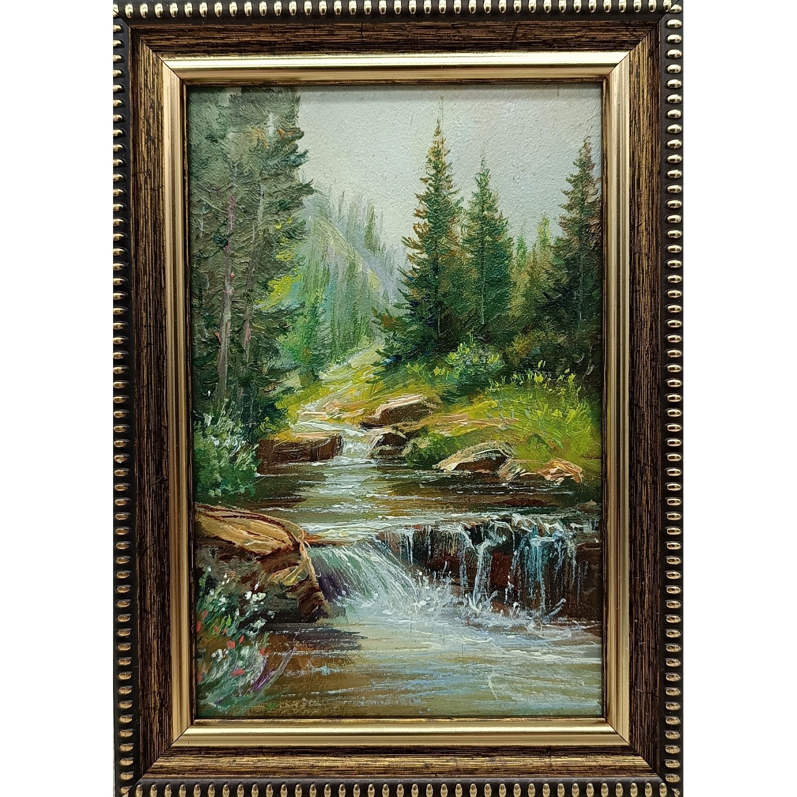 Summer Nature Oil Painting Waterfall in Forest Signed Framed 6×4 Art