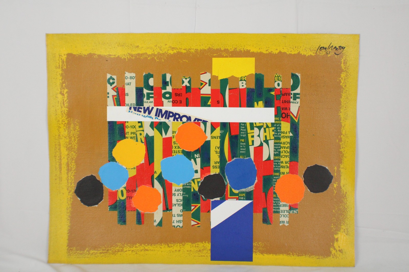 Mid Century Collage Abstract Style Oil Painting On Canvas Signed Jon Henry