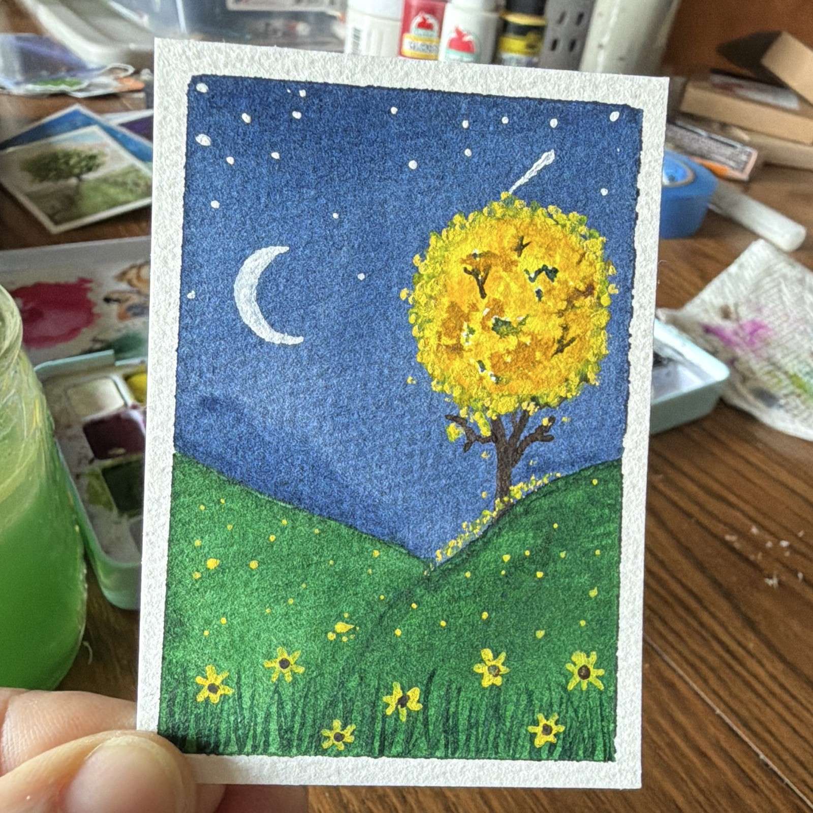 Donna Hawk ACEO OOAK Original Watercolor Night Landscape Moon Yellow Tree Signed