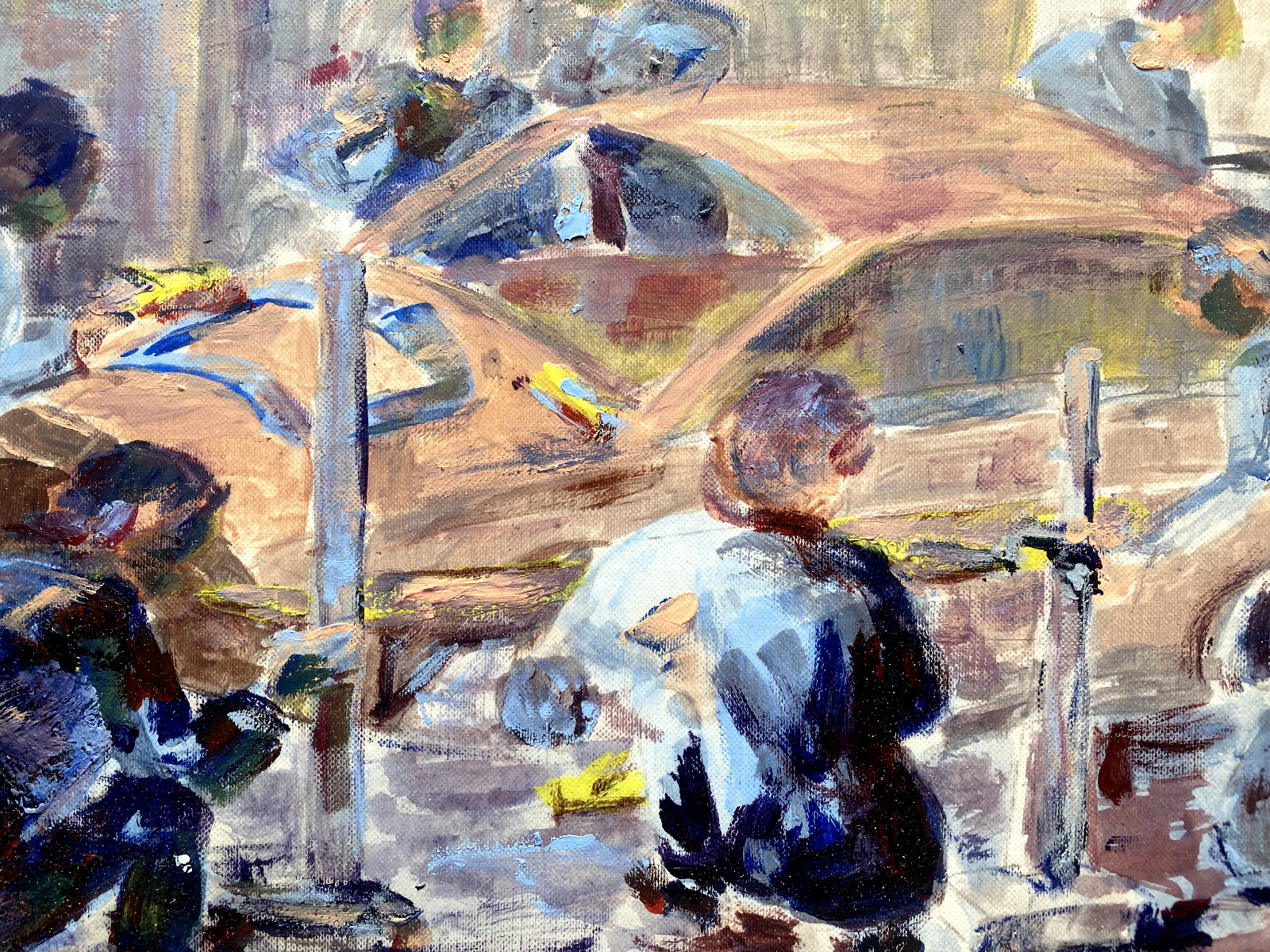 Painting Signed F. Geiger 1972 Auto Workshop Pit Stop Car Race Vintage Car