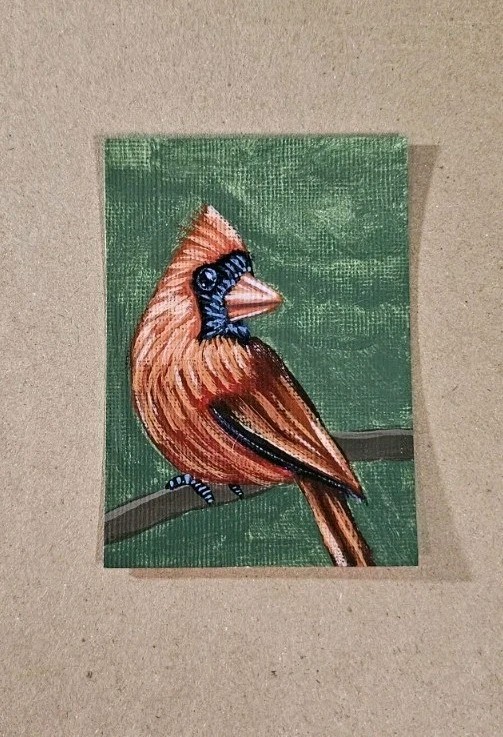 ACEO Red Cardinal Mini Painting Original Bird Artwork Acrylic Signed Art