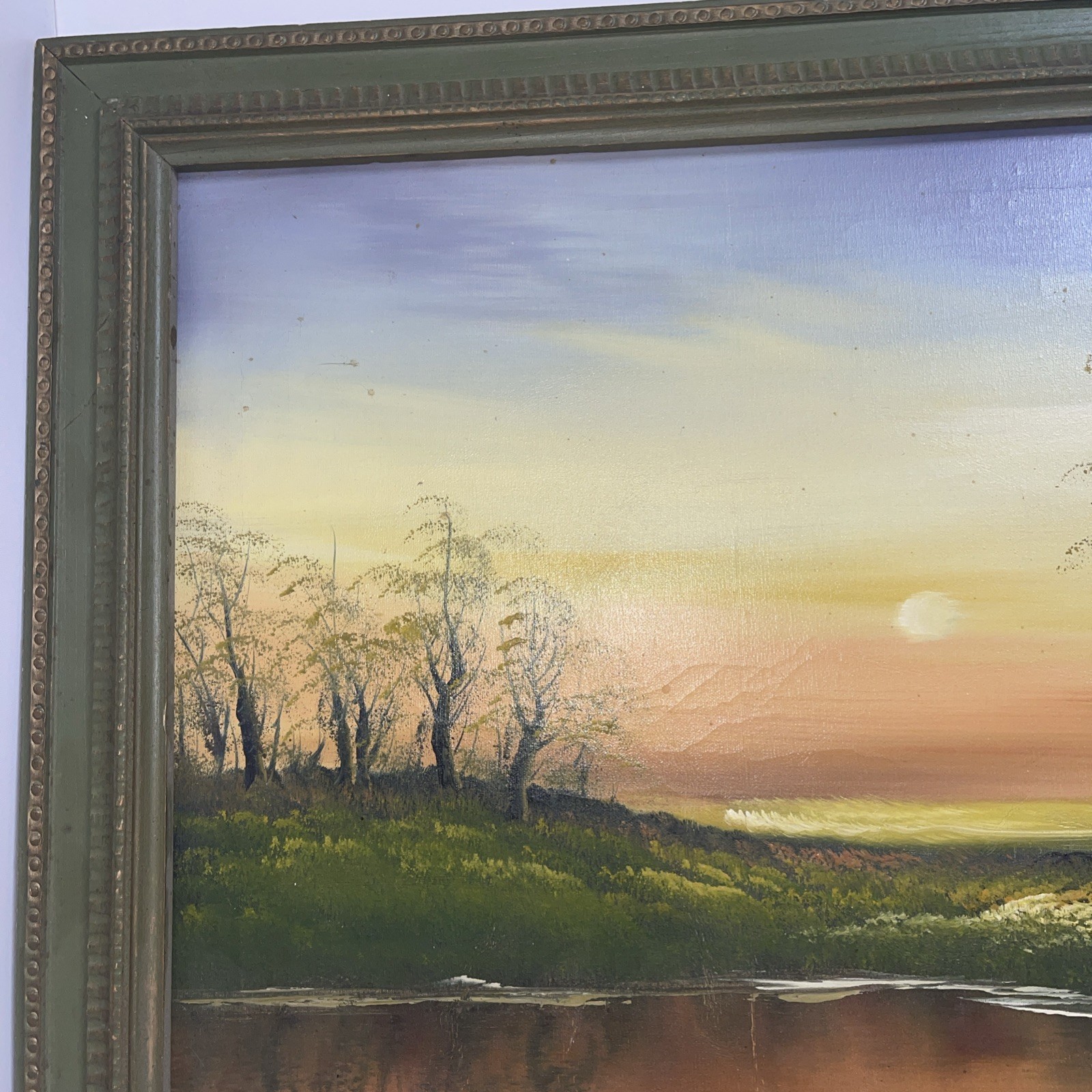 Vintage H. Brown Oil On Canvas Landscape Painting ART WORK Wood Frame 25”x36”