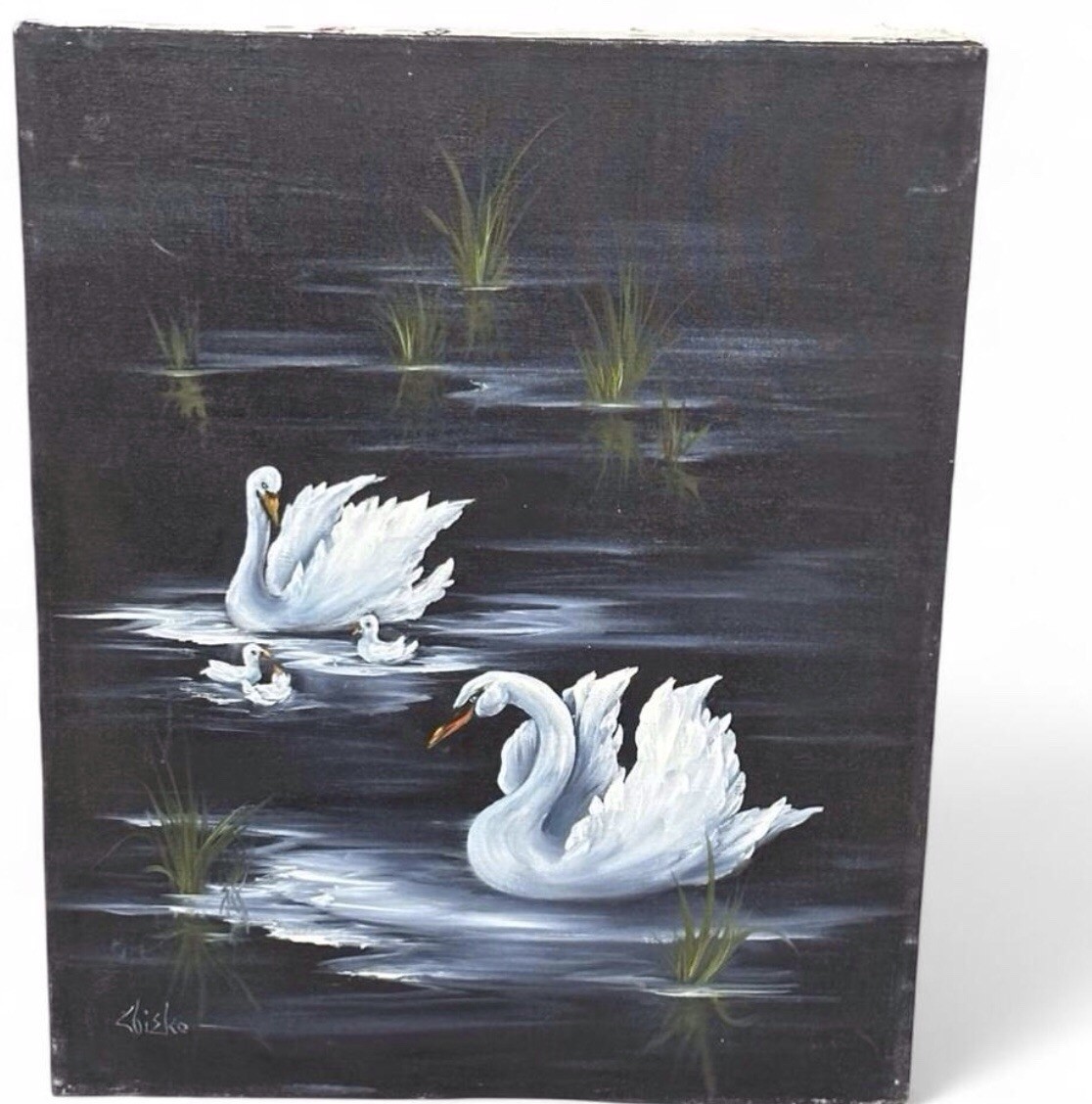 White Swans on Lake at Dusk 11×14 Original Acrylic Painting Coastal Art