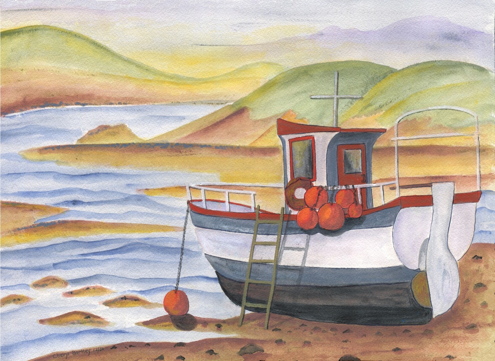 OrIgInAl FoLk ART WaTeRCoLoR PaInTiNg Bay FunDy FiShInG BoAt Ocean SeAsIdE BeAcH