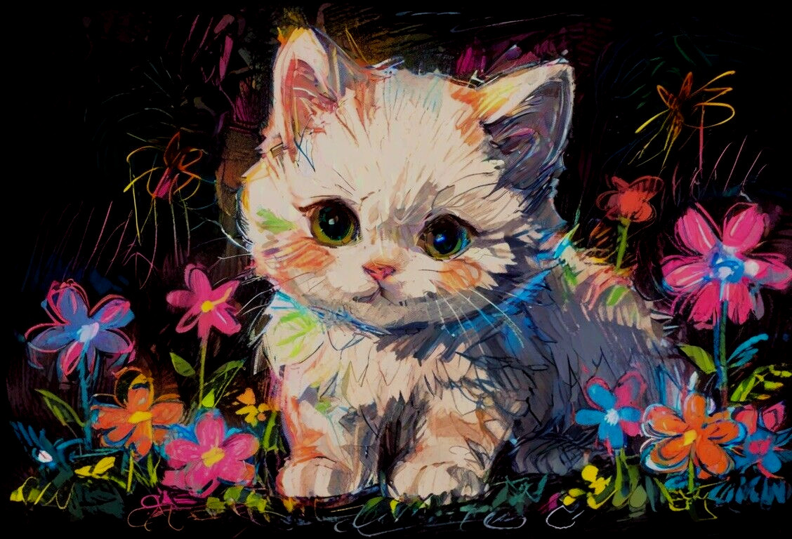 ACEO Mini *Art Print* White Fluffy Cat Baby Kitten & Rainbow Flowers – Saulite