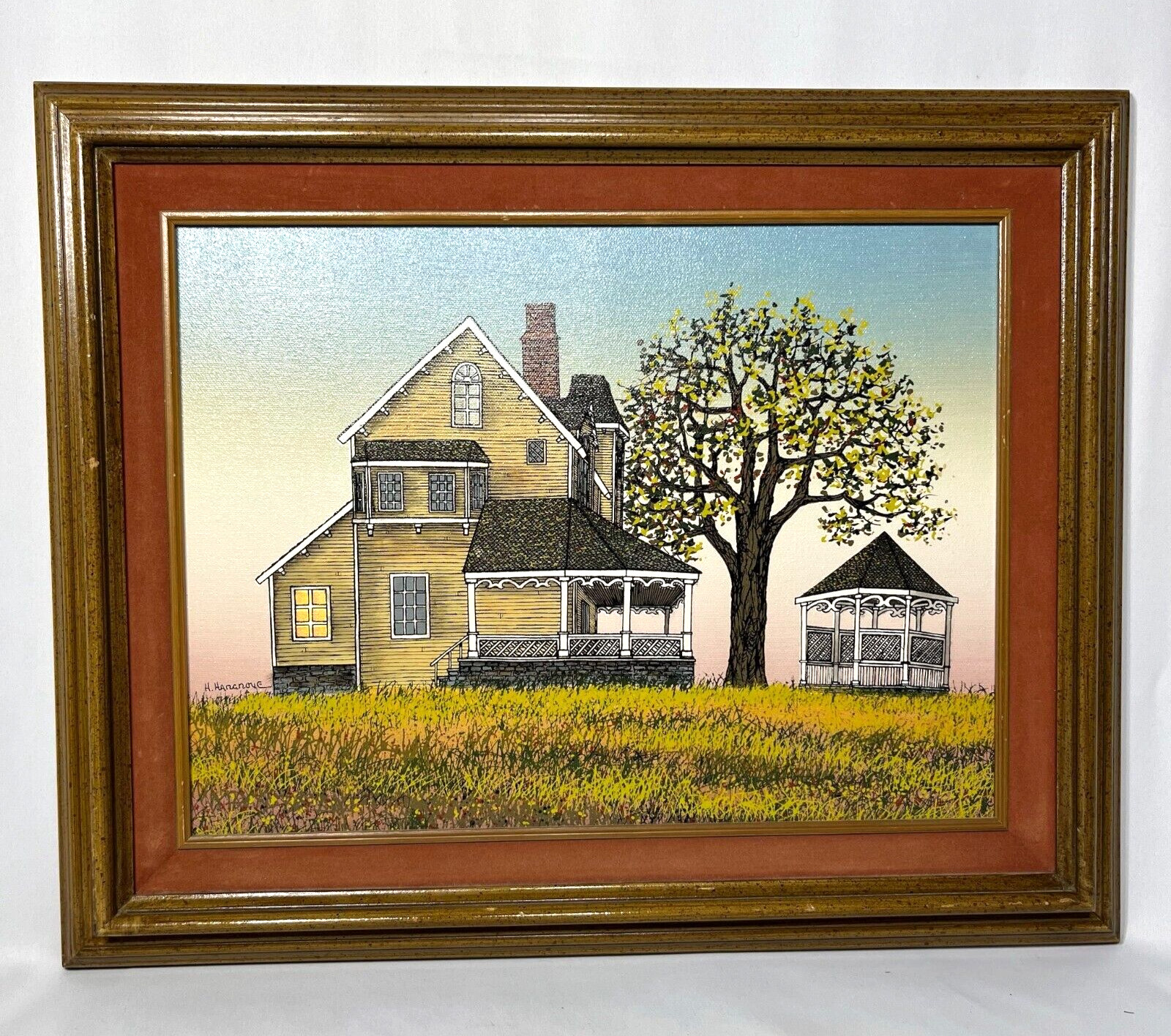 Vintage H. Hargrove Oil Painting Old Farmhouse, Tree, And Gazebo Framed NICE!