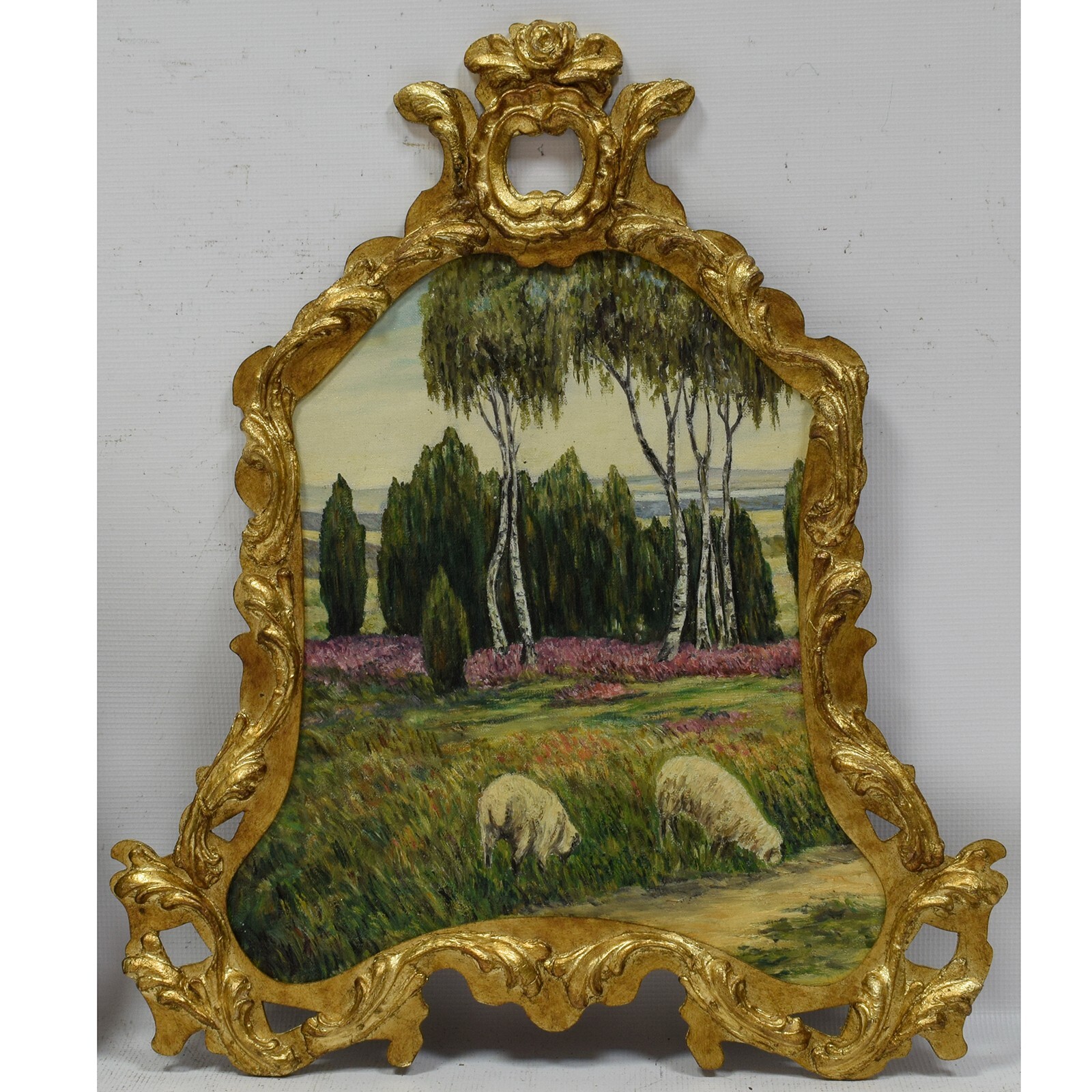 Circa 1930-1940 Old oil painting Landscape with sheep 22.4×18.9 in