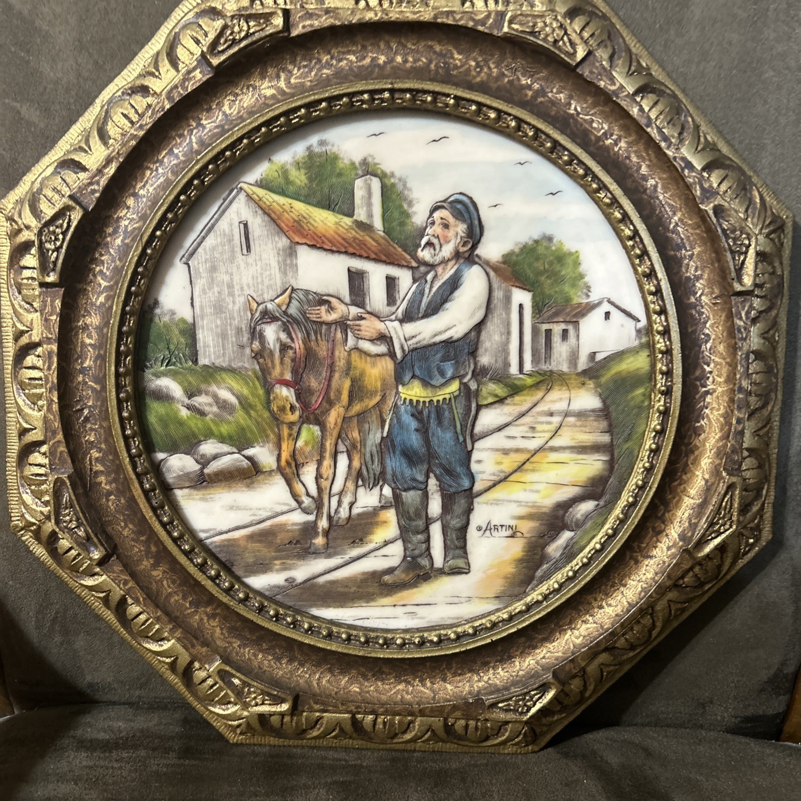 Vtg Artini Art Etching Hand Painted Maurleon Man Horse 14” Octagon Frame Sig COA