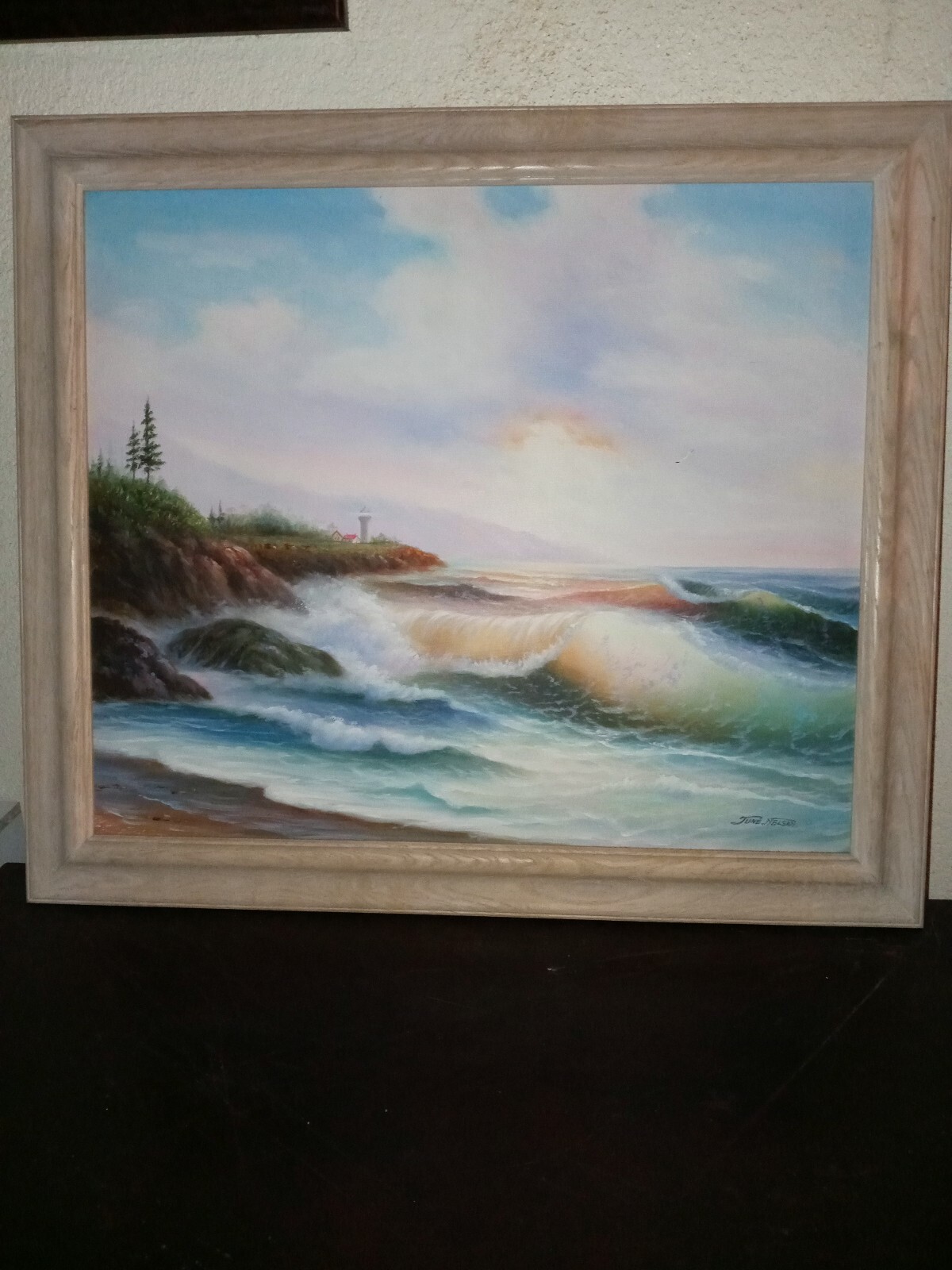 June Nelson Original Framed Oil Painting Beach Ocean Crashing Waves Sunset