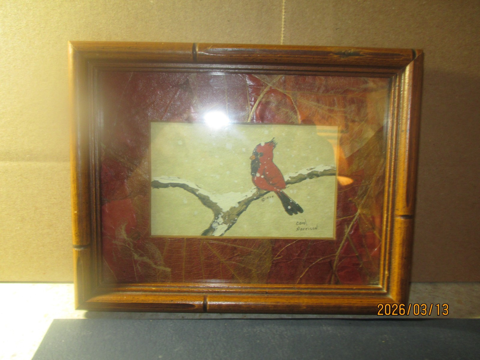 Vtg Framed Watercolor Print Carol Morrison – Cardinal on Snowy branch