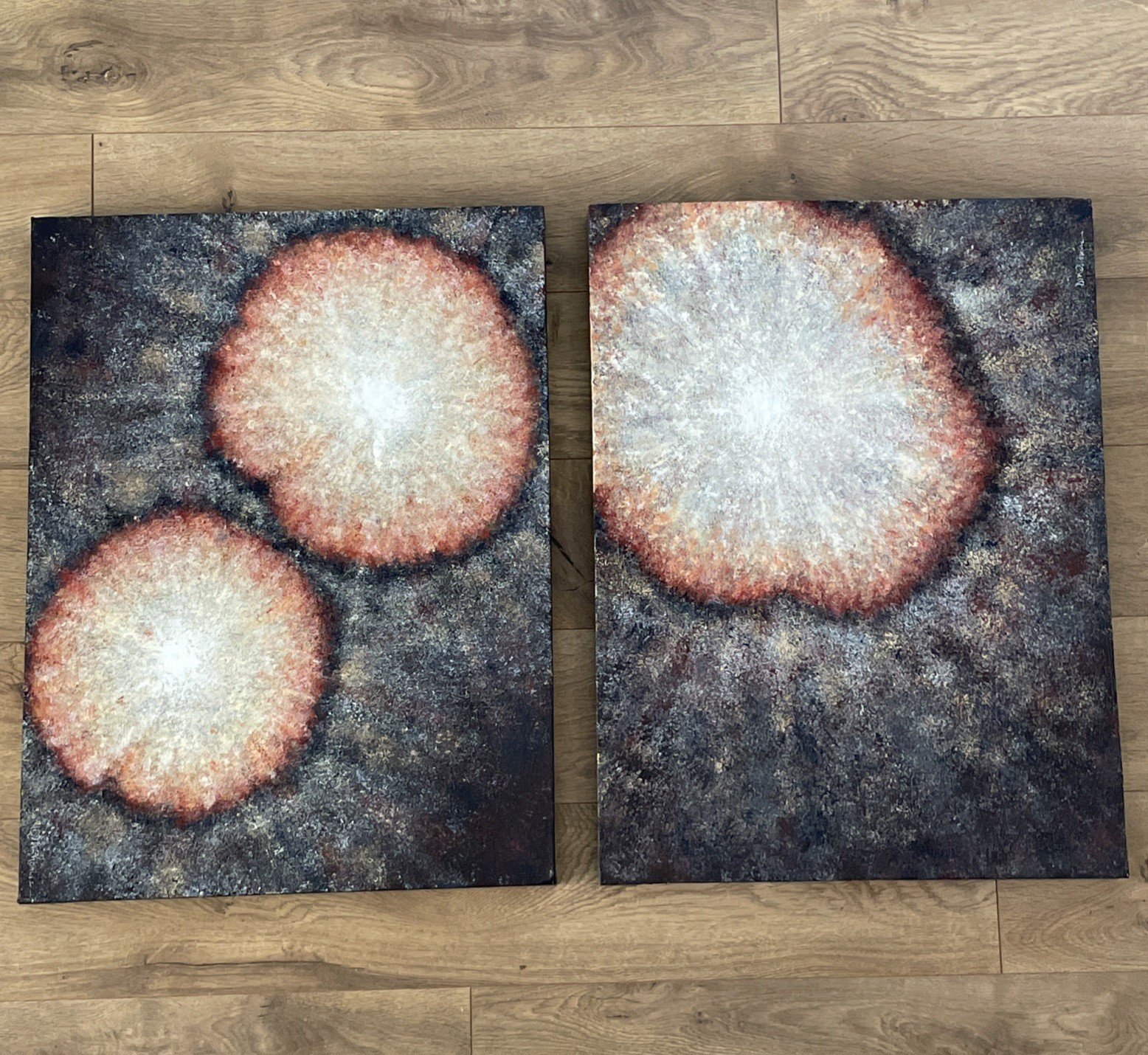 Pair Set 2 Original Modern Abstract Paintings signed Diptych each 18×24″