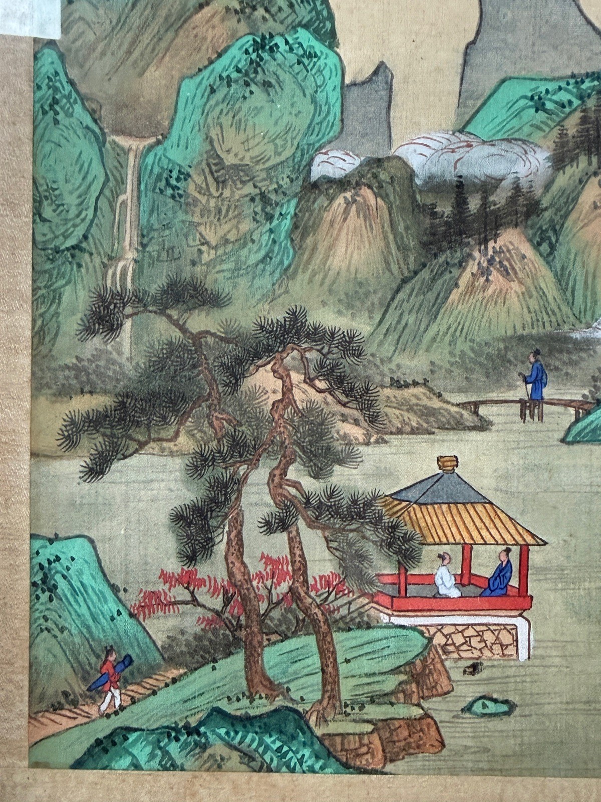 c.1950 Chinese Republic Silk Painting Mountain River Landscape w Figures, Signed