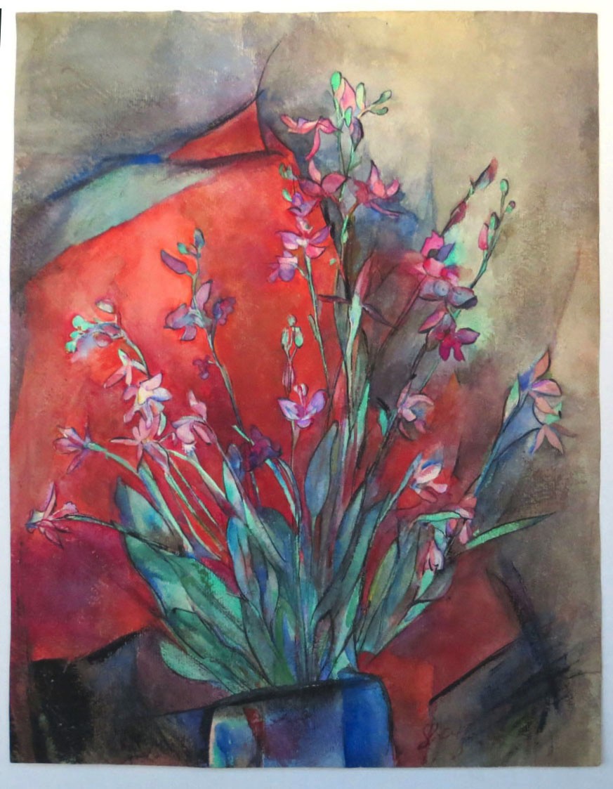 Original Watercolor Painting Vase of Flowers by Carl Shaffer, WPA Artist