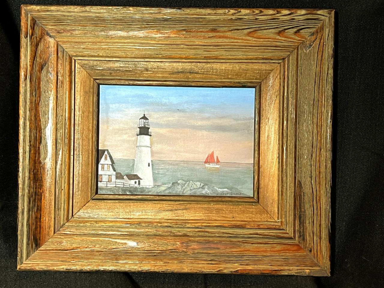 Vintage American Art Nautical Lighthouse Coastal Landscape Seascape Oil Painting