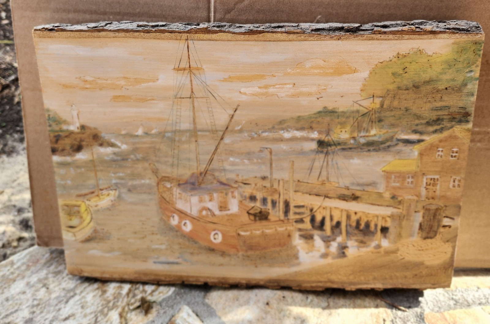Vintage Original Painting natural tree slab wood board boats harbor 10×14