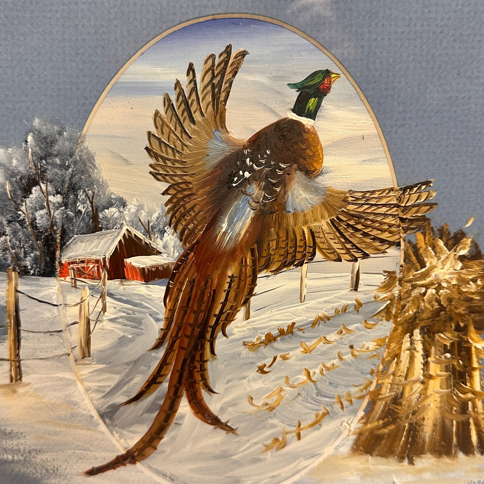 Original JAN PERDEW Matted & Framed Pheasant in Flight Painting 10.5″ x 12.5″