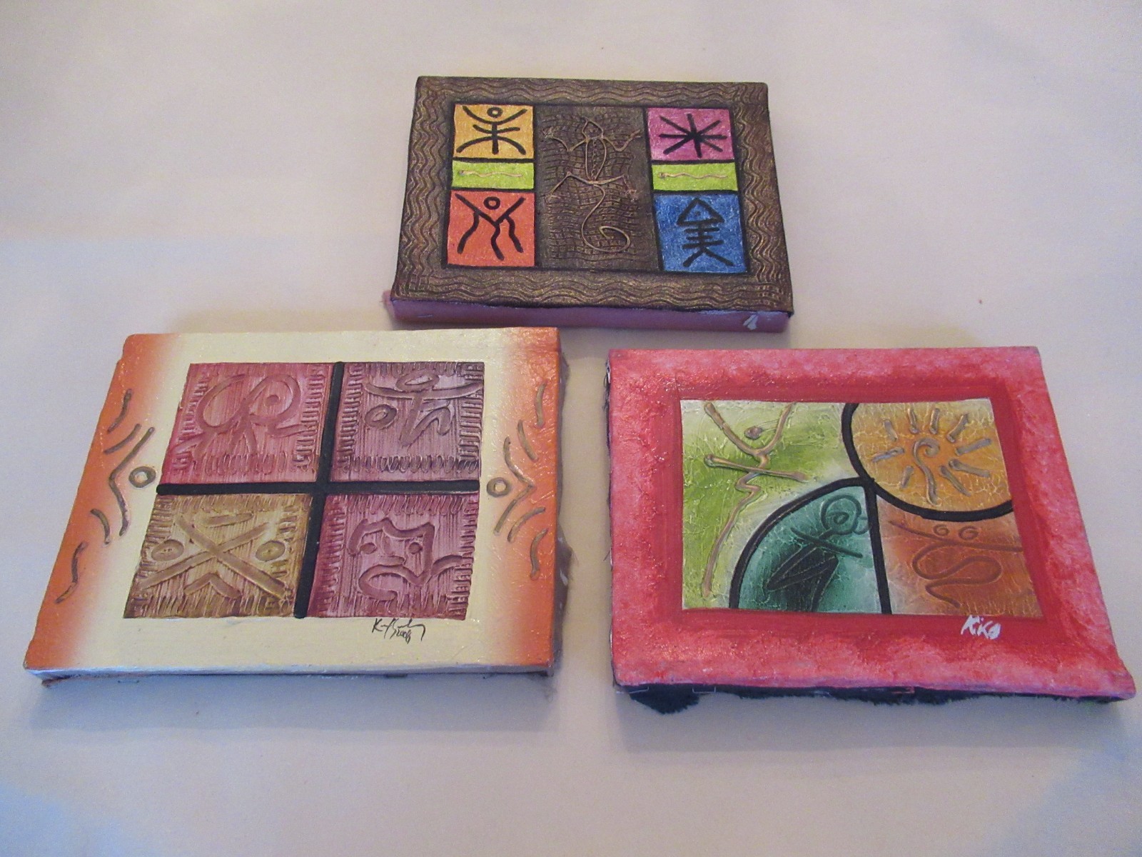 Three Indigenous Oil Paintings on Canvas Geometric and Stick Figures Unframed