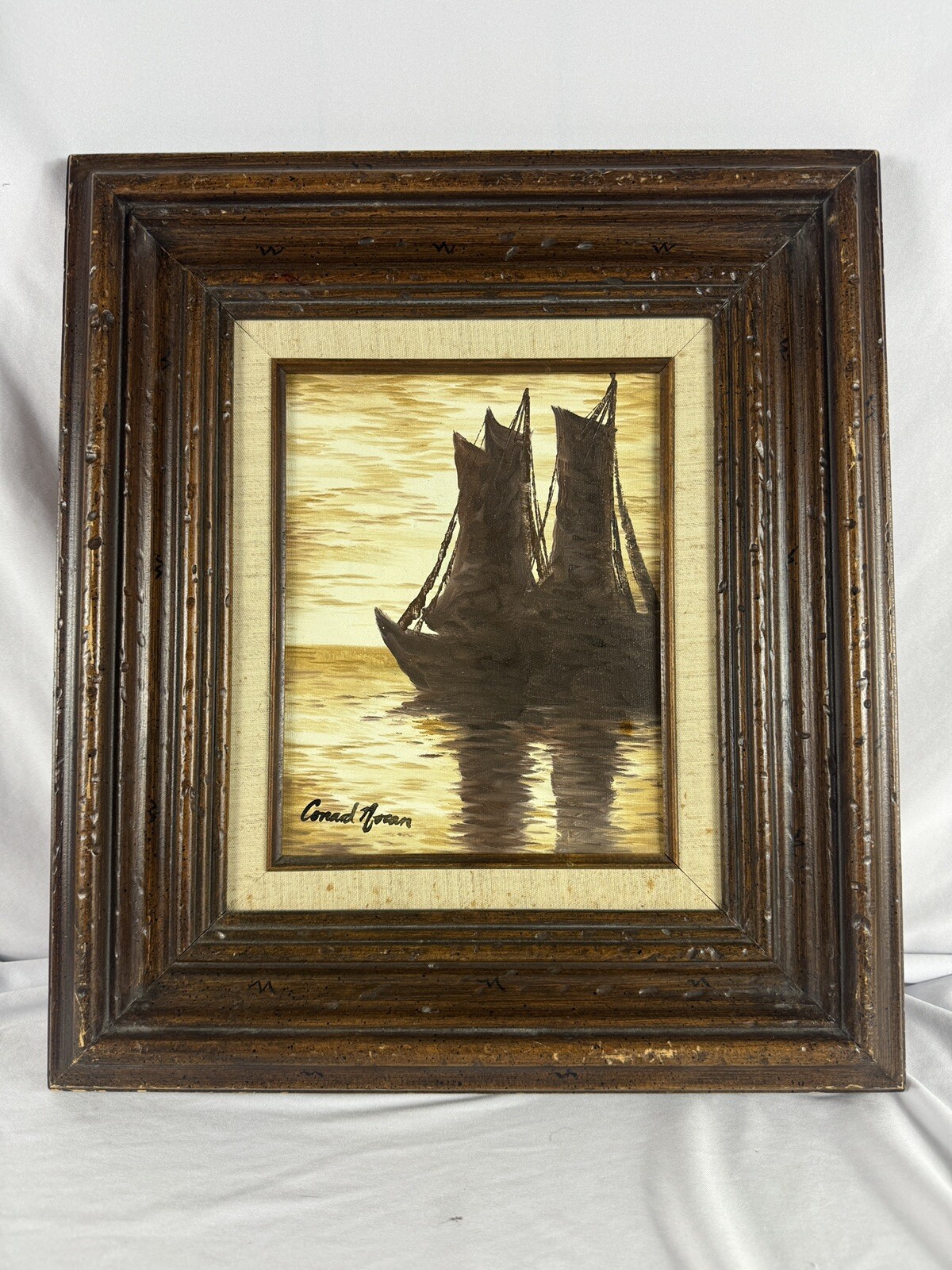 Signed Realist Impressionist Painting of Ships at Sea 15×17 Inches Framed Art