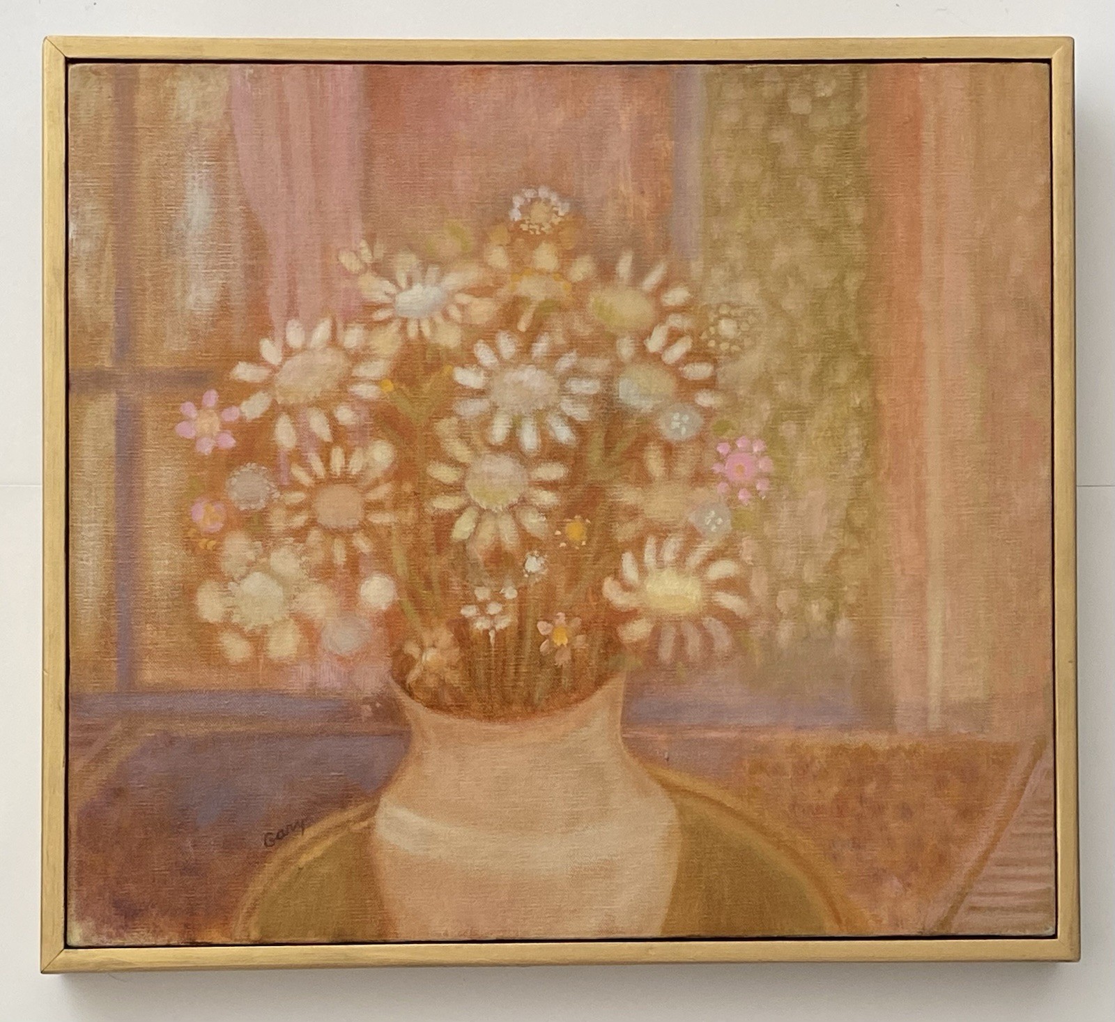Vintage 70s Modernism Impressionism Still Life Daisy Flower Vase Window Painting