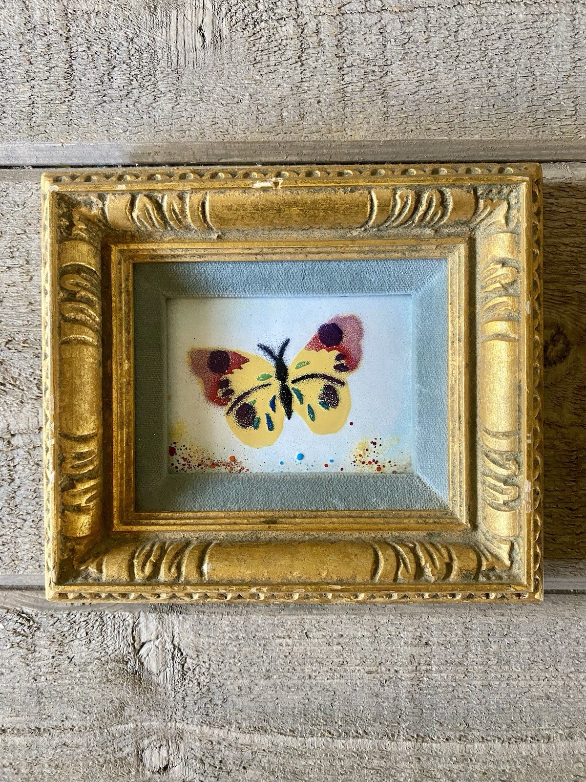 Vintage Mid Century Butterfly Enamel Painting Hand Painted Framed 7” X 6”