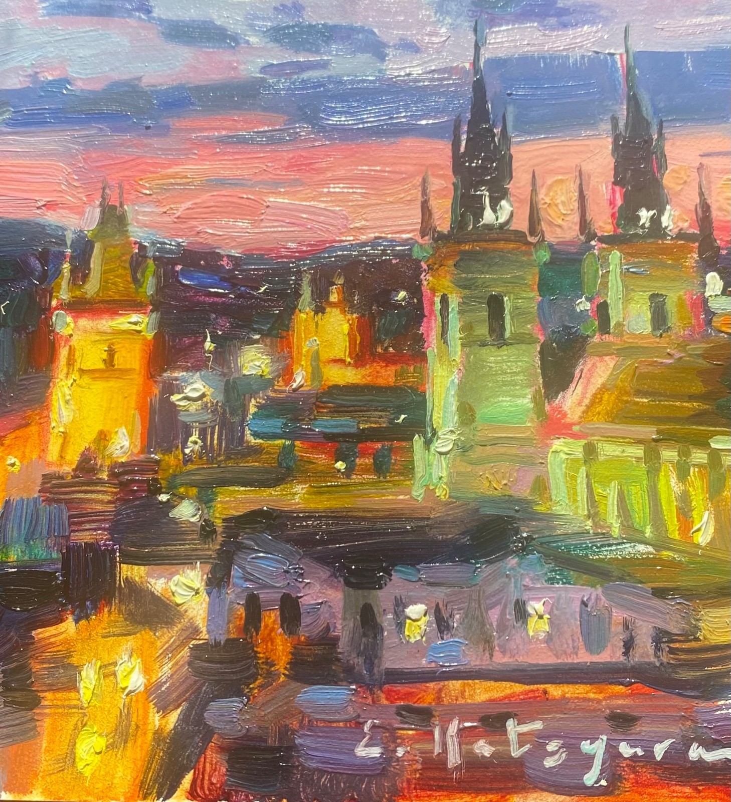 Original Oil by Russian Artist Elena Katsyura 6 x 6 «Evening in Prague»