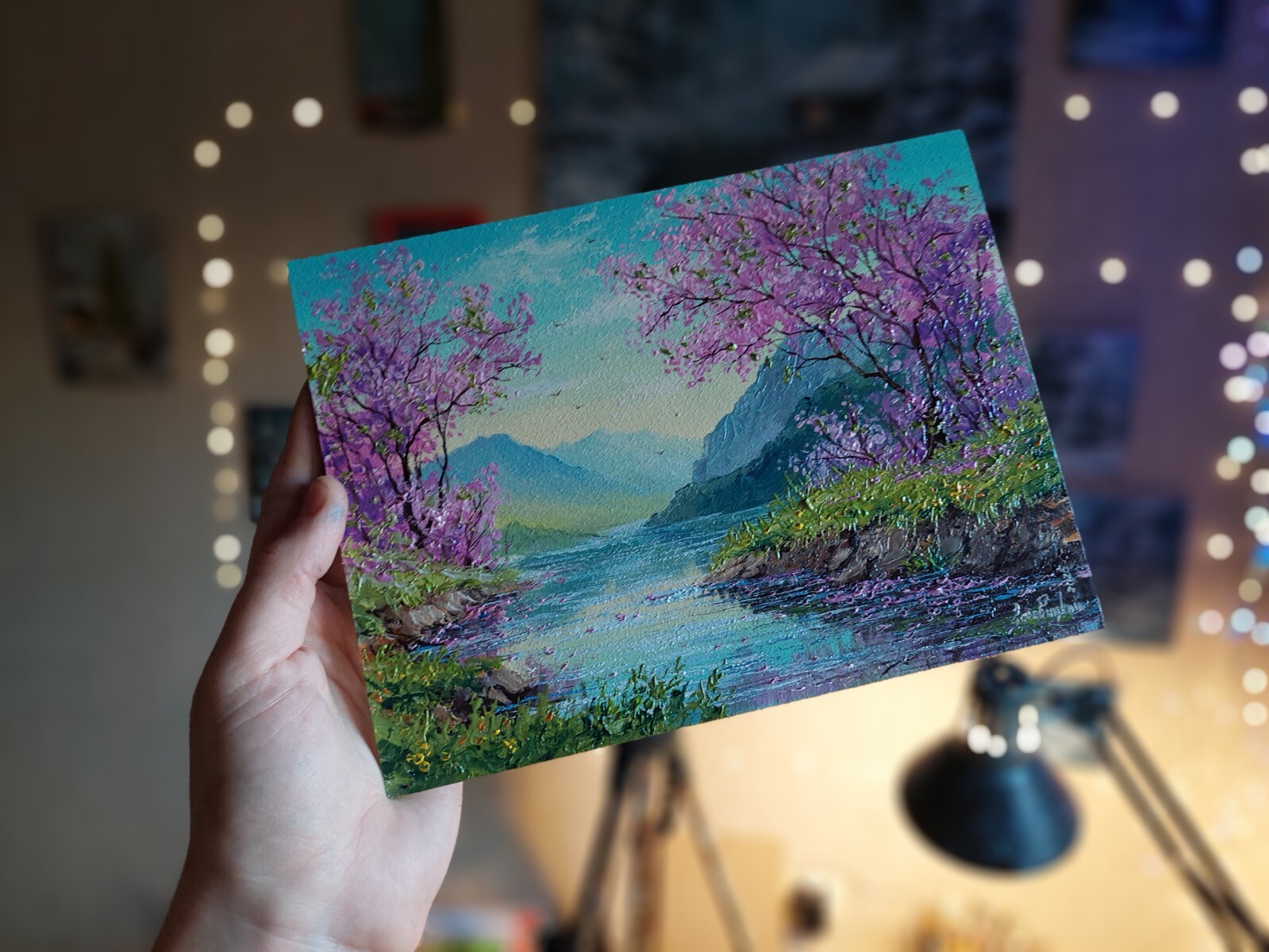 Spring Sakura Mountain Landscape Original Oil Painting. Pink Cherry Tree Art