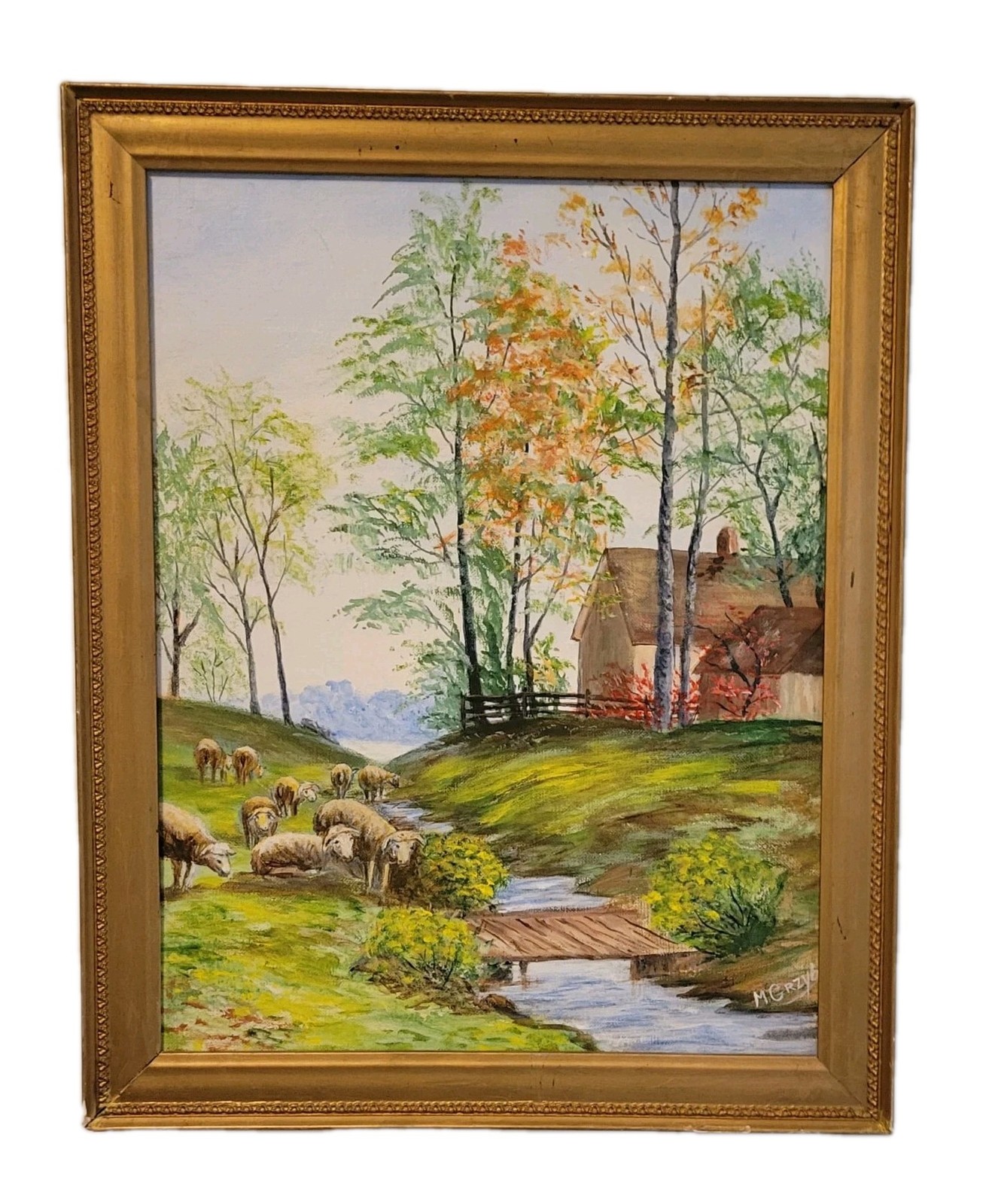Framed Vintage Landscape Painting With Sheep by M. Grzyb | Countryside Scene…